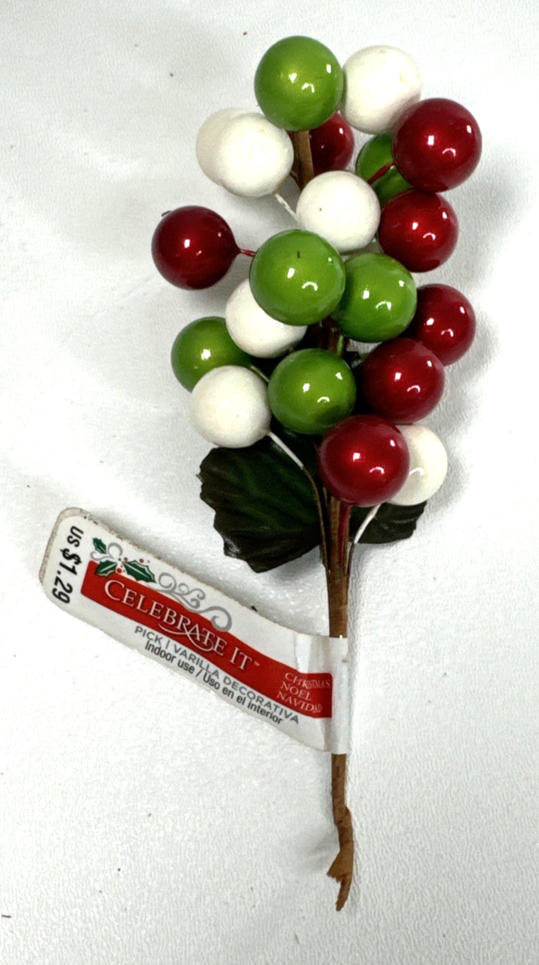 New 12 Berry Picks Stems Floral Christmas Crafts Artificial Red White Green 7″