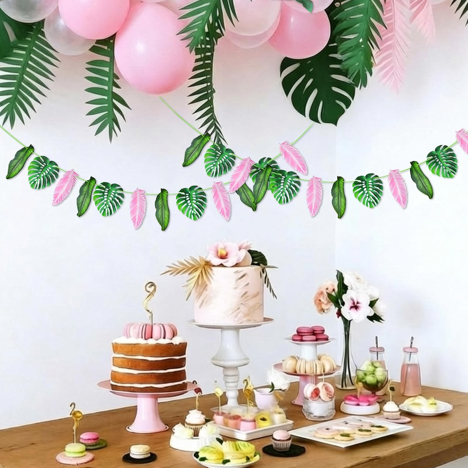 24 Pcs 8.5 ft Artificial Tropical Palm Leaves Garland – Pink Green Monstera L…