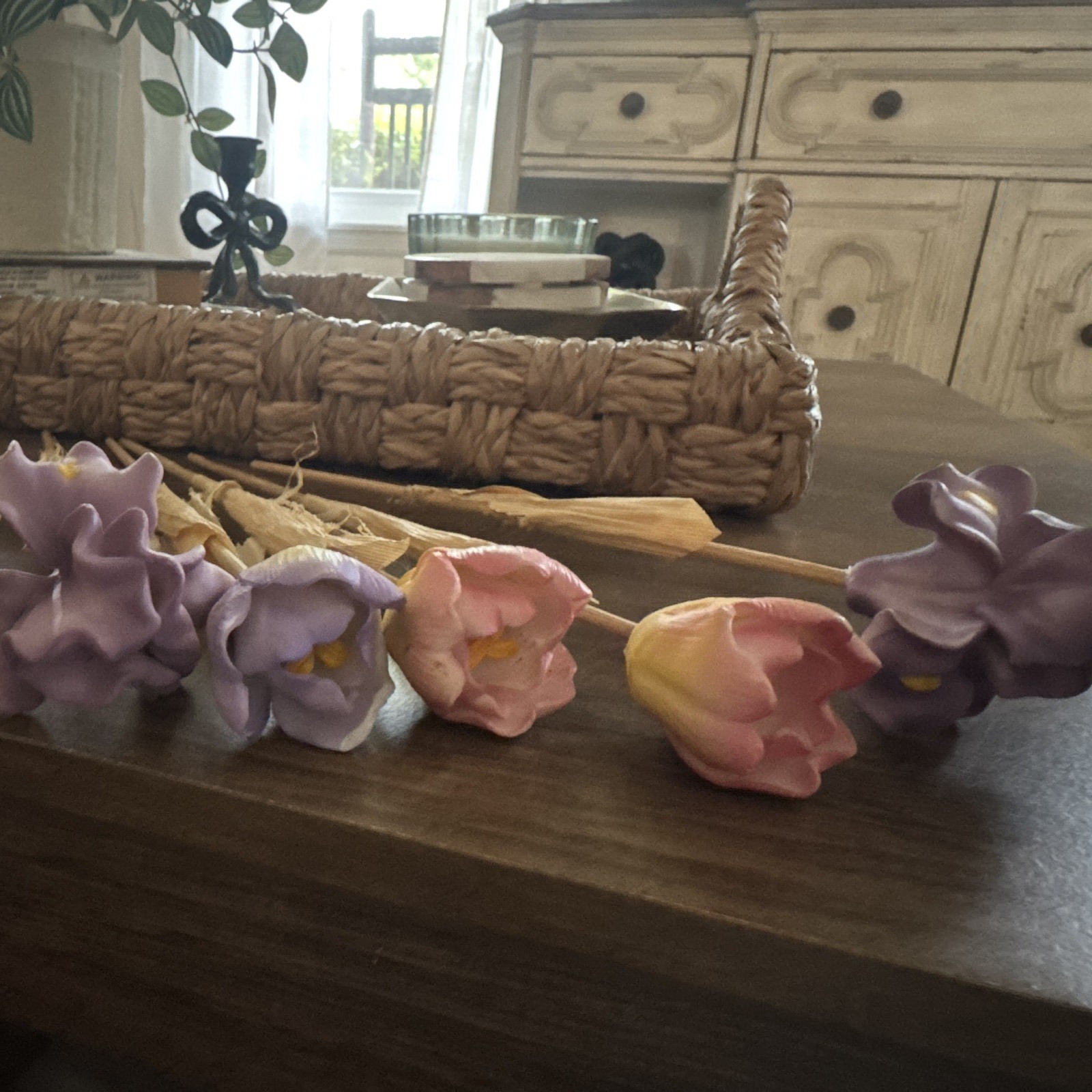Porcelain Tulip Flower Stem Twigs Decor Purple Pink Yellow Floral