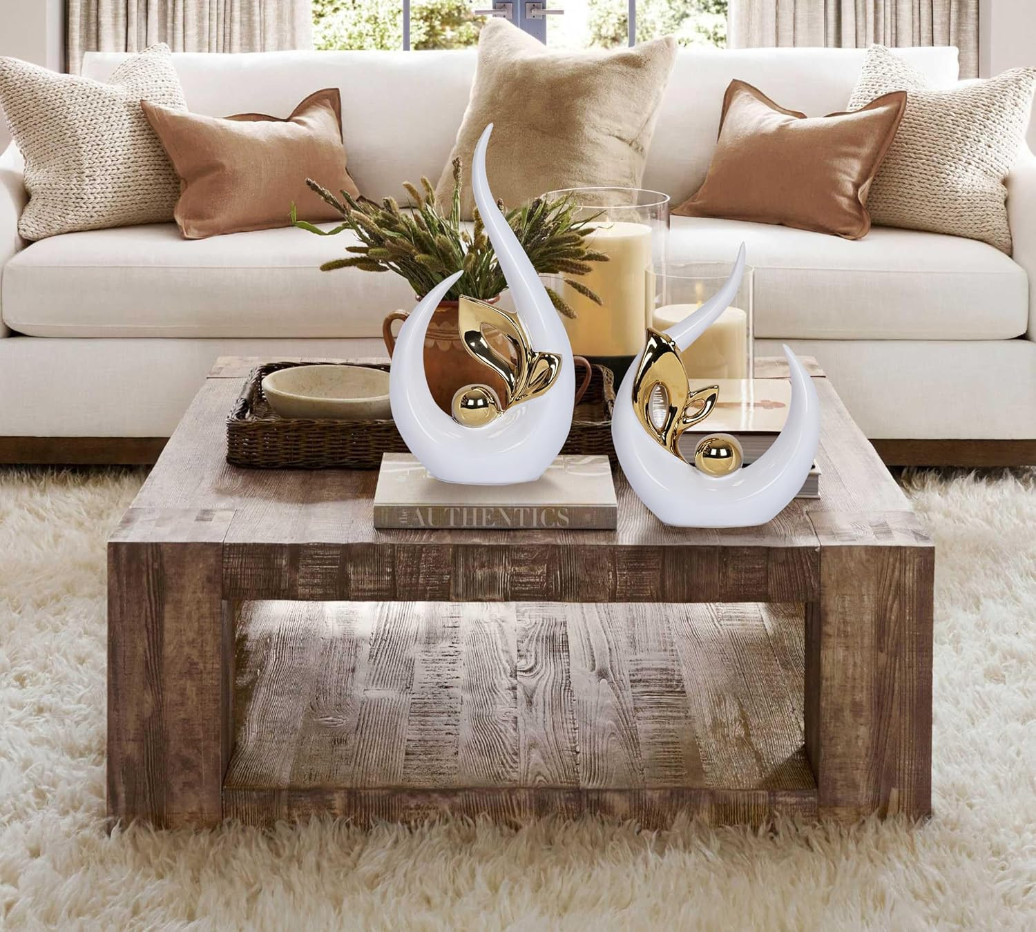 2 PCS White Home Decor Accent White and Gold Dining Table Centerpiece Decor Cera