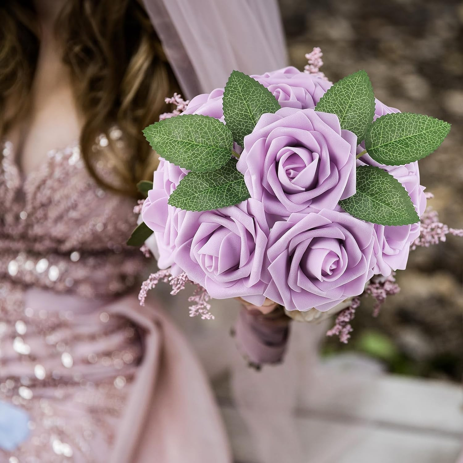 25Pcs Real Looking Artificial Lavender Roses W/Stem for DIY Wedding Bouquets Cen