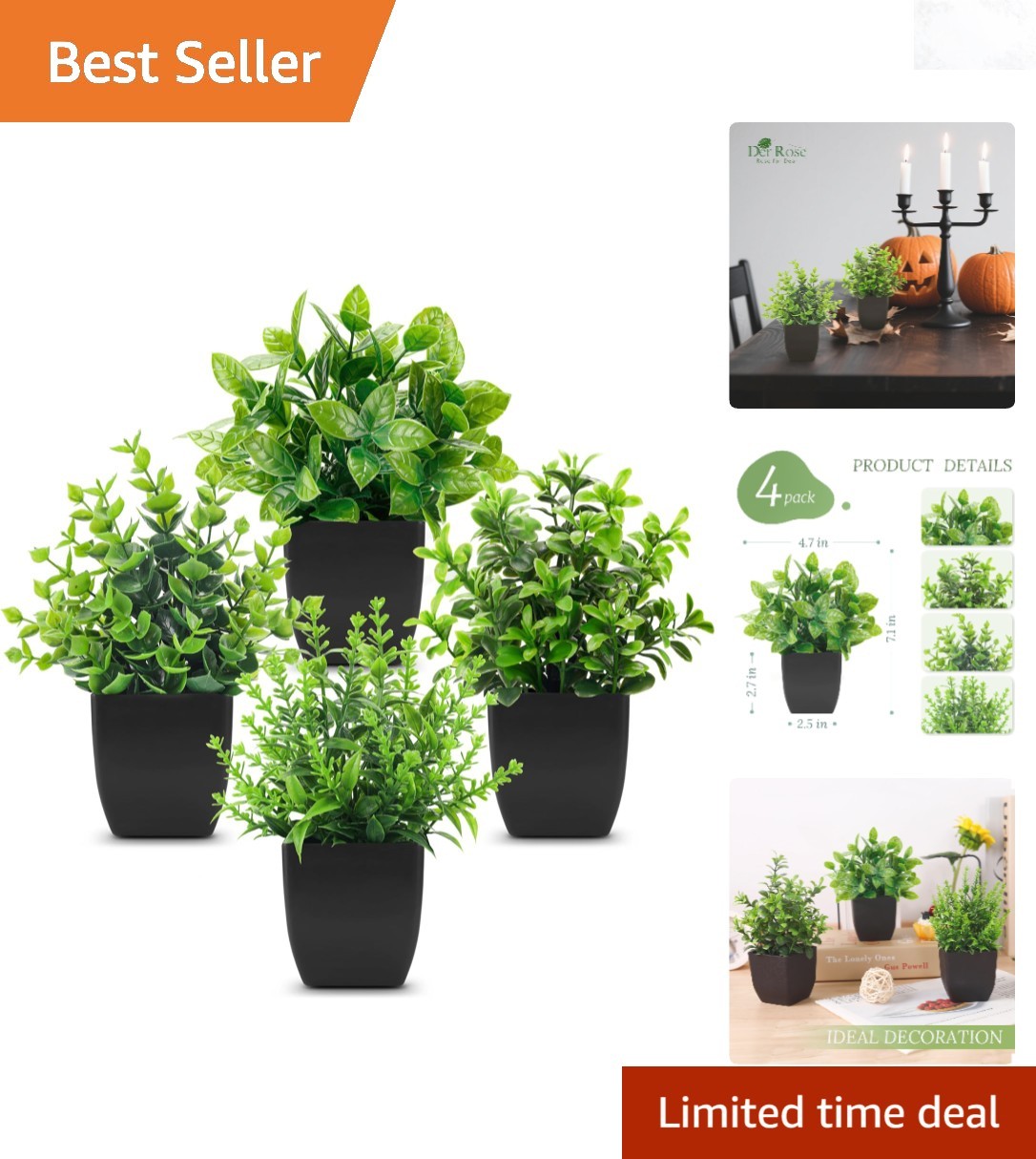 4 Pack Black Faux Plants Mini Artificial Potted Greenery Indoor Decor