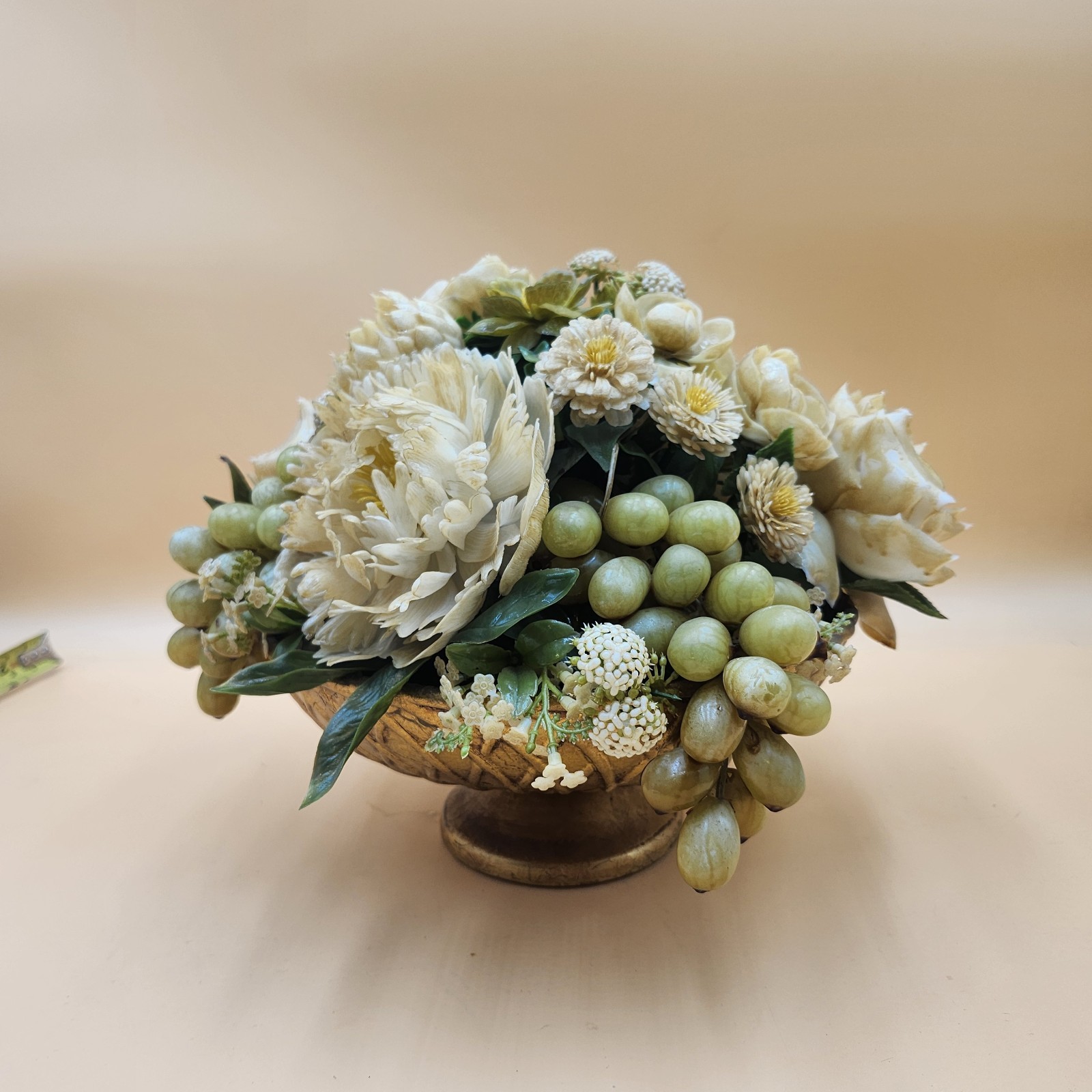 Vintage gold bowl artificial flower fruit arrangement white green Mid Century