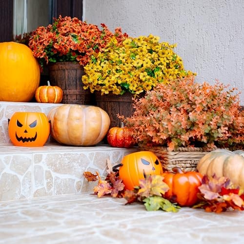 Artificial Fall Flowers for Outdoors Fake Mums – 16 Bundles Faux Plants Yellow