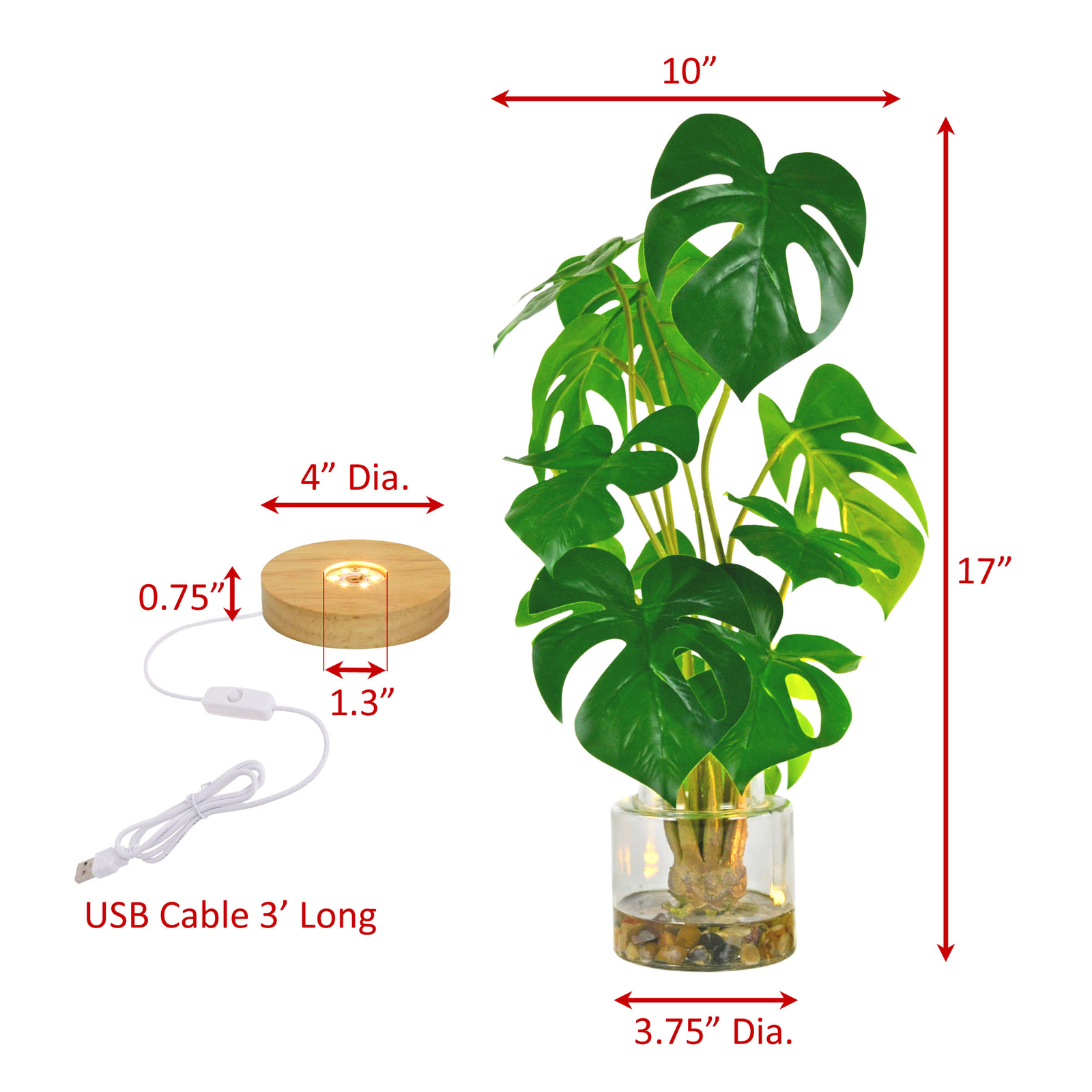 Real Touch 17.5 inch Artificial Plant Monstera Leaves in Glass Vase and LED Base
