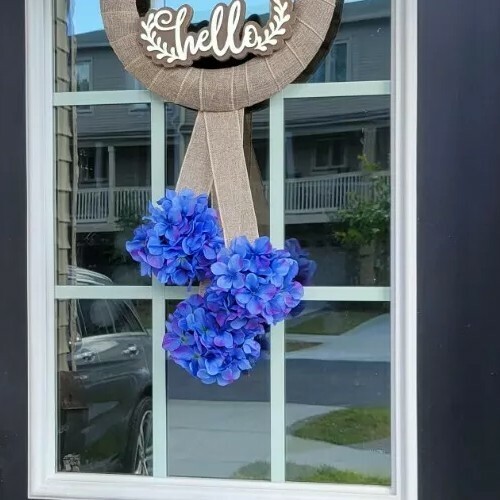 Golden HELLO 3D BUTTERFLY wreat ROYAL BLUE Hydrangeas WHITE FLOWERS burlap Door