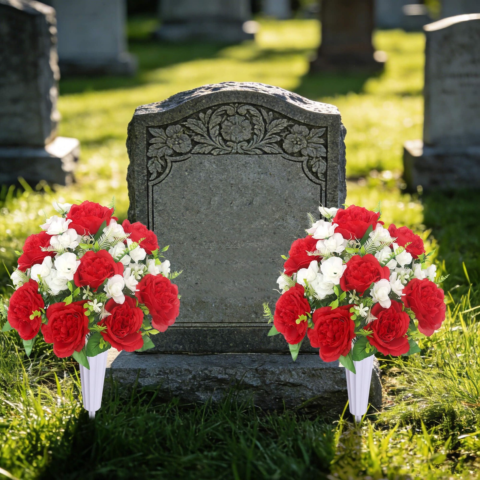 Artificial Cemetery Flowers with Vase – Set of 2 Peony Bouquets & Memorial Va…