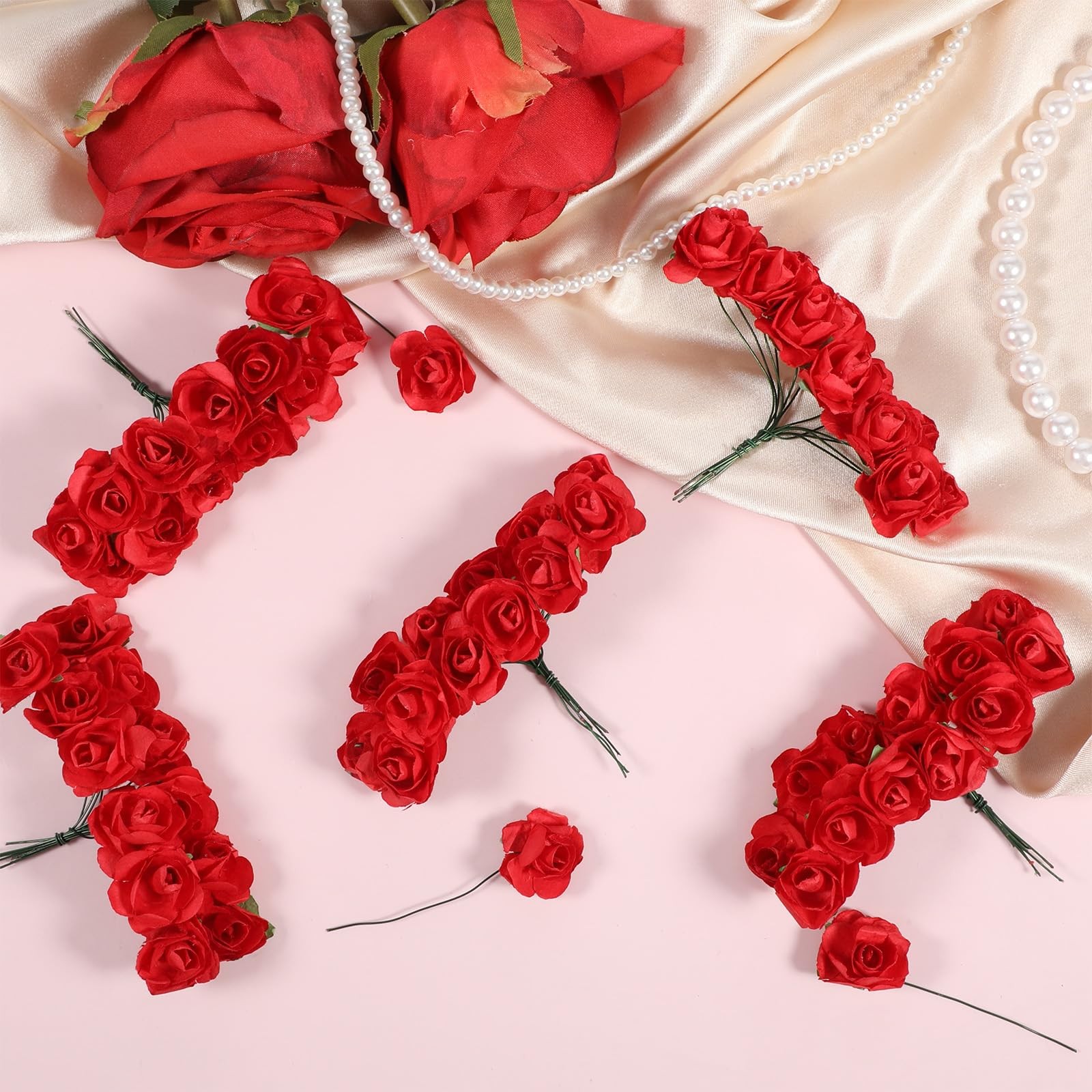 144 PCS Mini Paper Flowers Red Rose Artificial Head Buds DIY Crafts 0.6 Inch