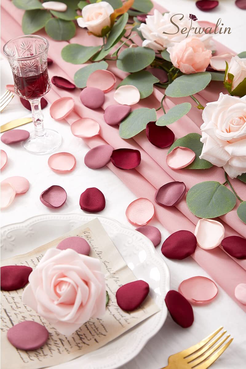 300PCS 4 Color Mix Silk Rose Petals Burgundy Pink Bridal Shower Flower Girl