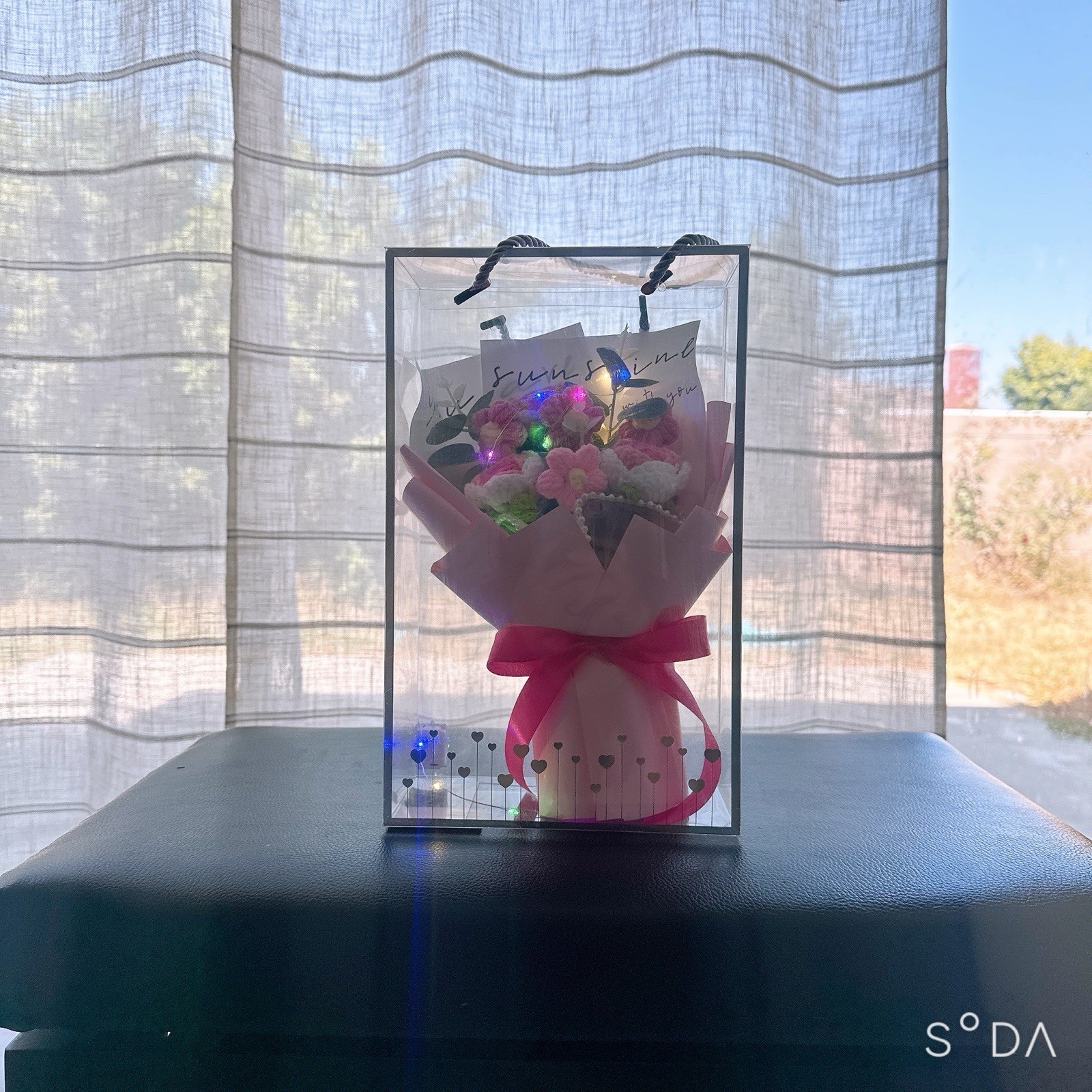 Artificial Flower Bouquet w/ LED Lights, Clear Gift Box & Ribbon, Pink/Purple