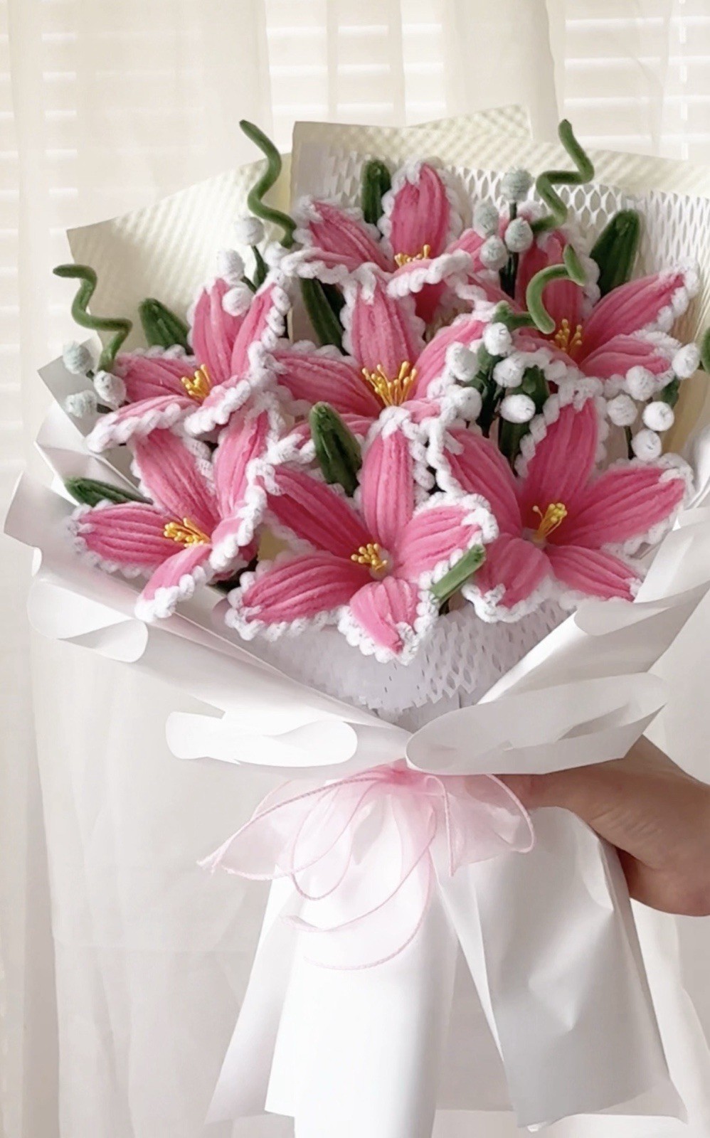 Handmade Pink Lily Flower Bouquet Pink White Green with White Wrap
