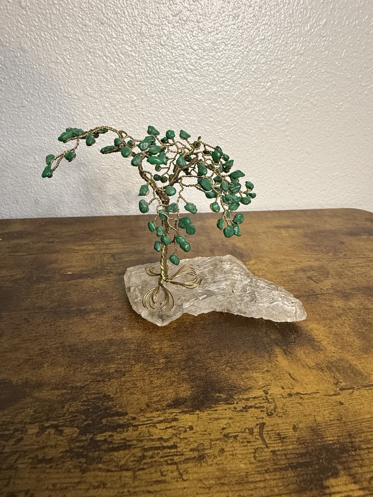 Small Vintage Bonsai Tree Cooper Stone Green Beads Flowers Leaves