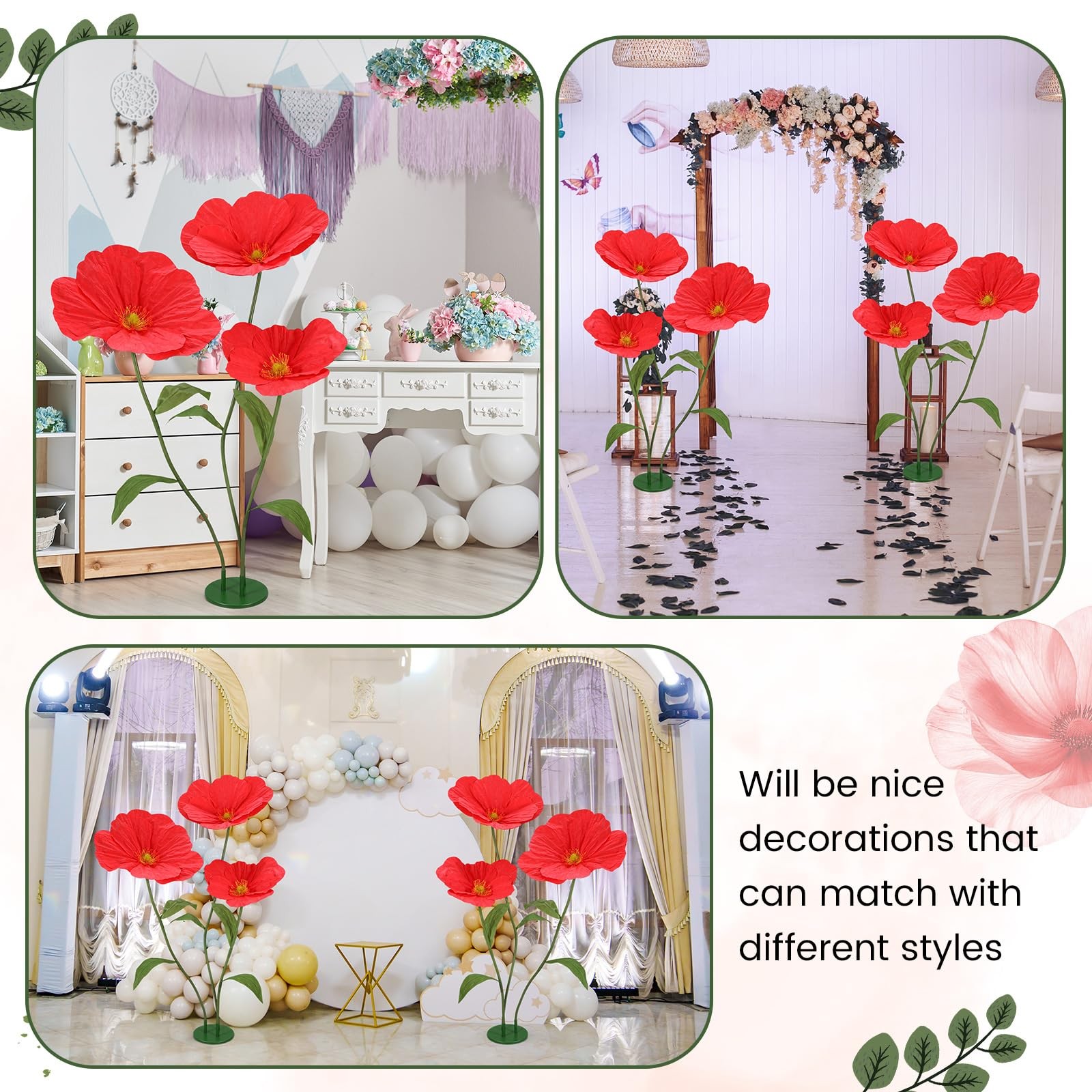 6ft Red Giant Flowers for Decoration with Stand, Large Artificial Poppy, Big …