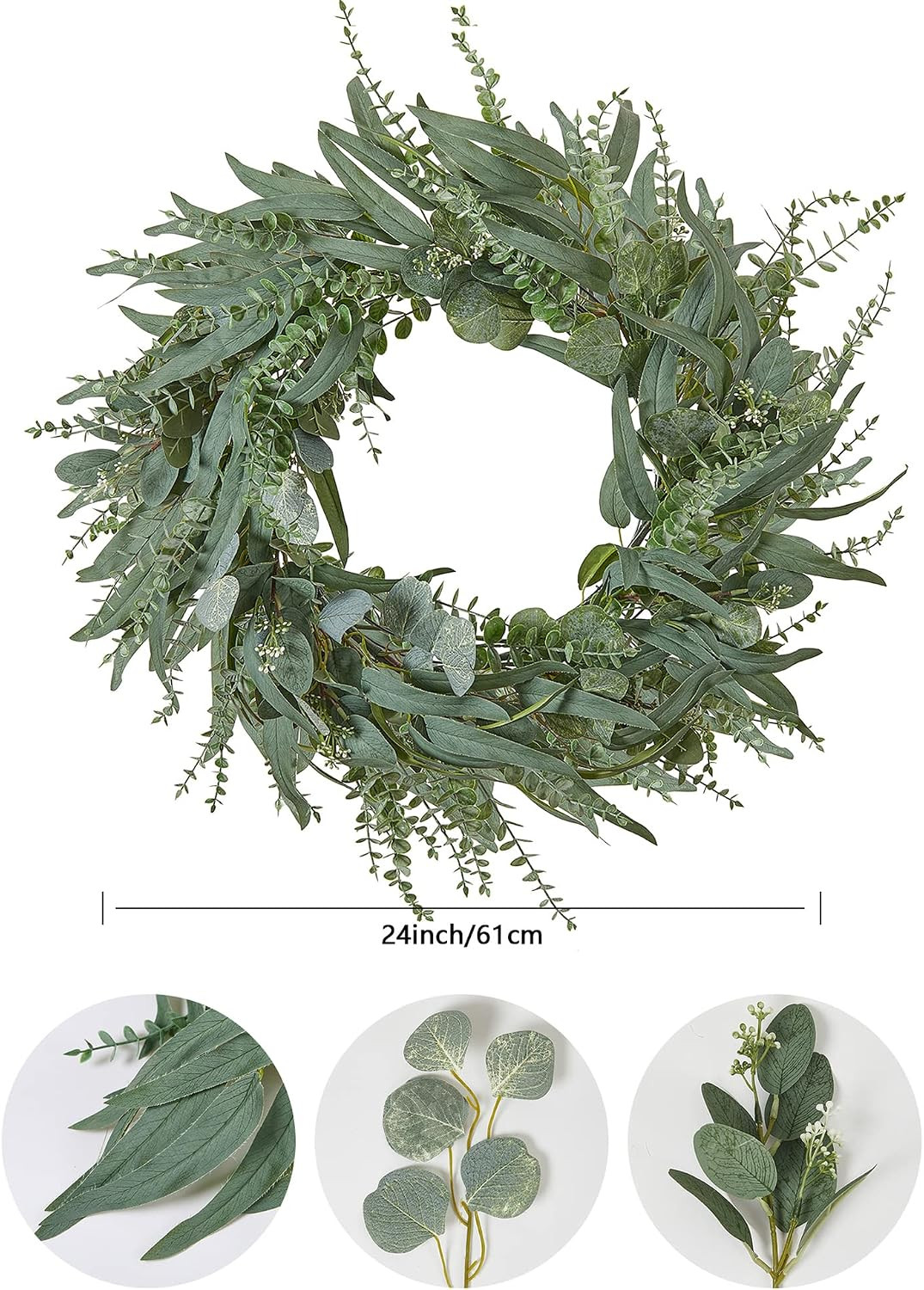 24 Inch Eucalyptus Wreath for Front Door, Large Size Artificial Greenery Willow
