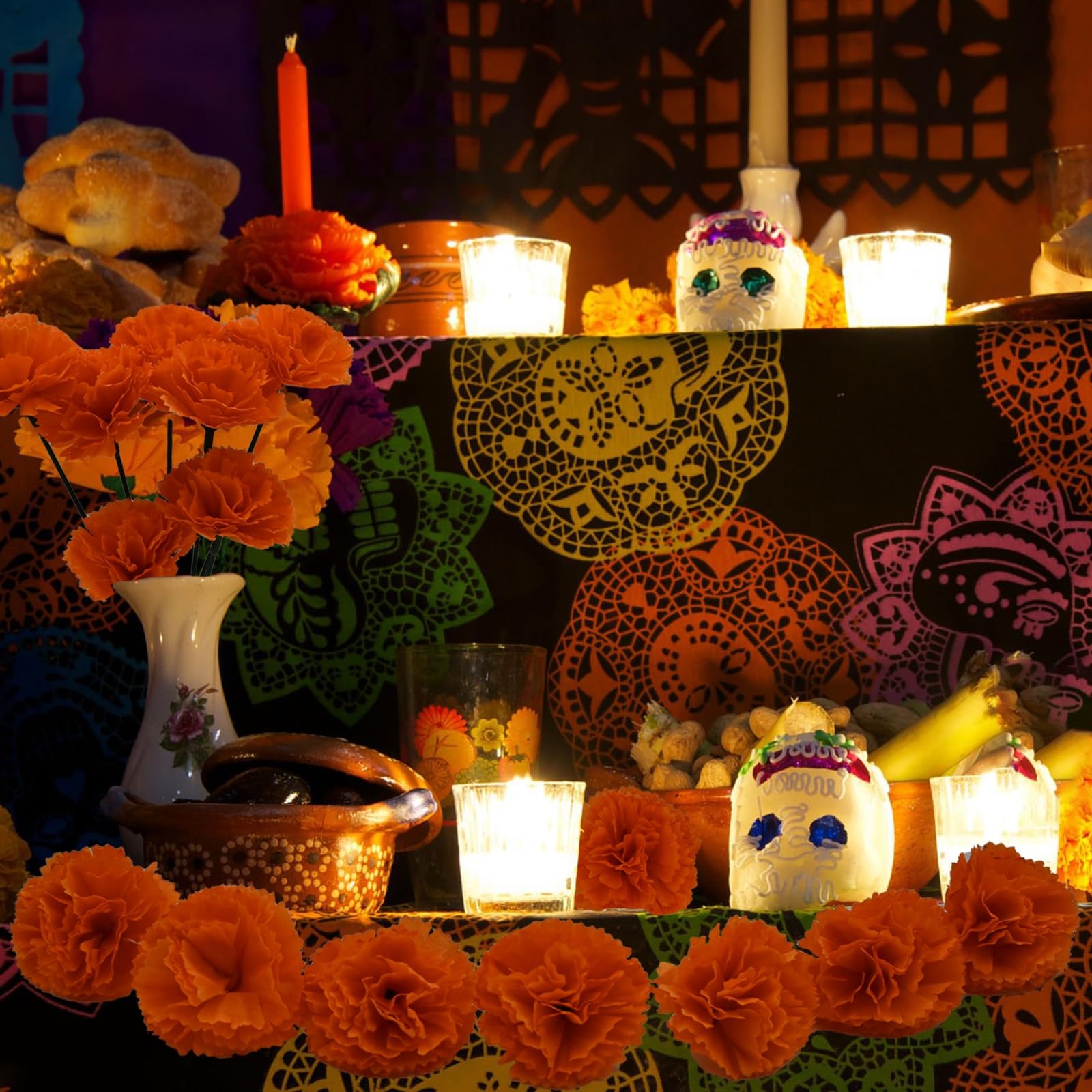 50 Pcs Day of the Dead Marigold Flowers Heads Dia De Los Muertos Decorations