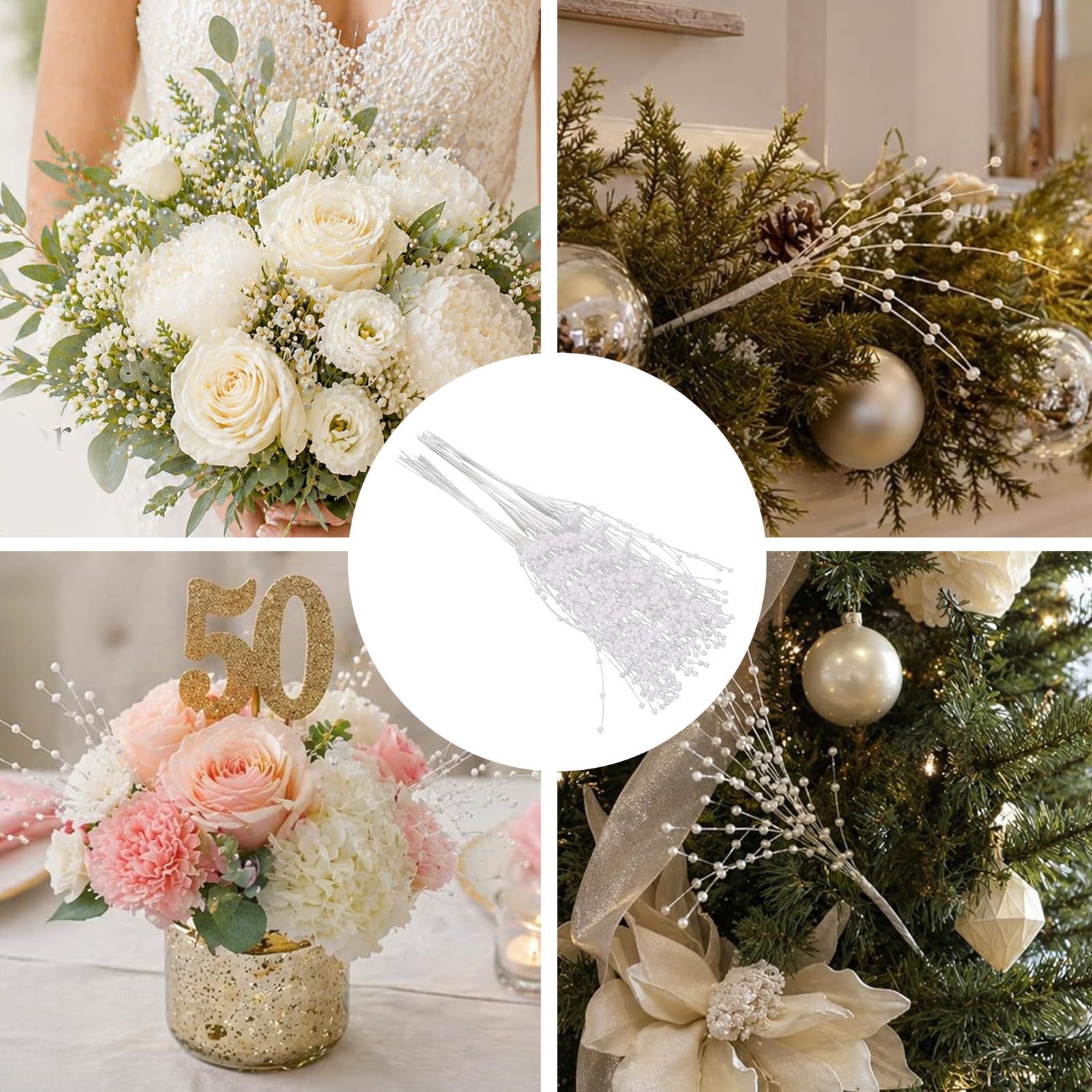 White 50PCS Pearl Beaded Stems 4mm Bead String Garland Floral Picks Flexible BT0
