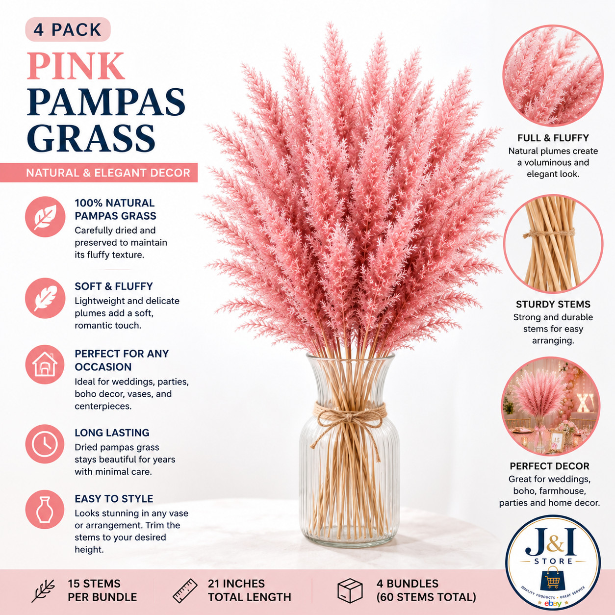 4 Pack Pink Pampas Grass 15 Stems 21″ Dried Floral Bouquet Boho Wedding Home Vas