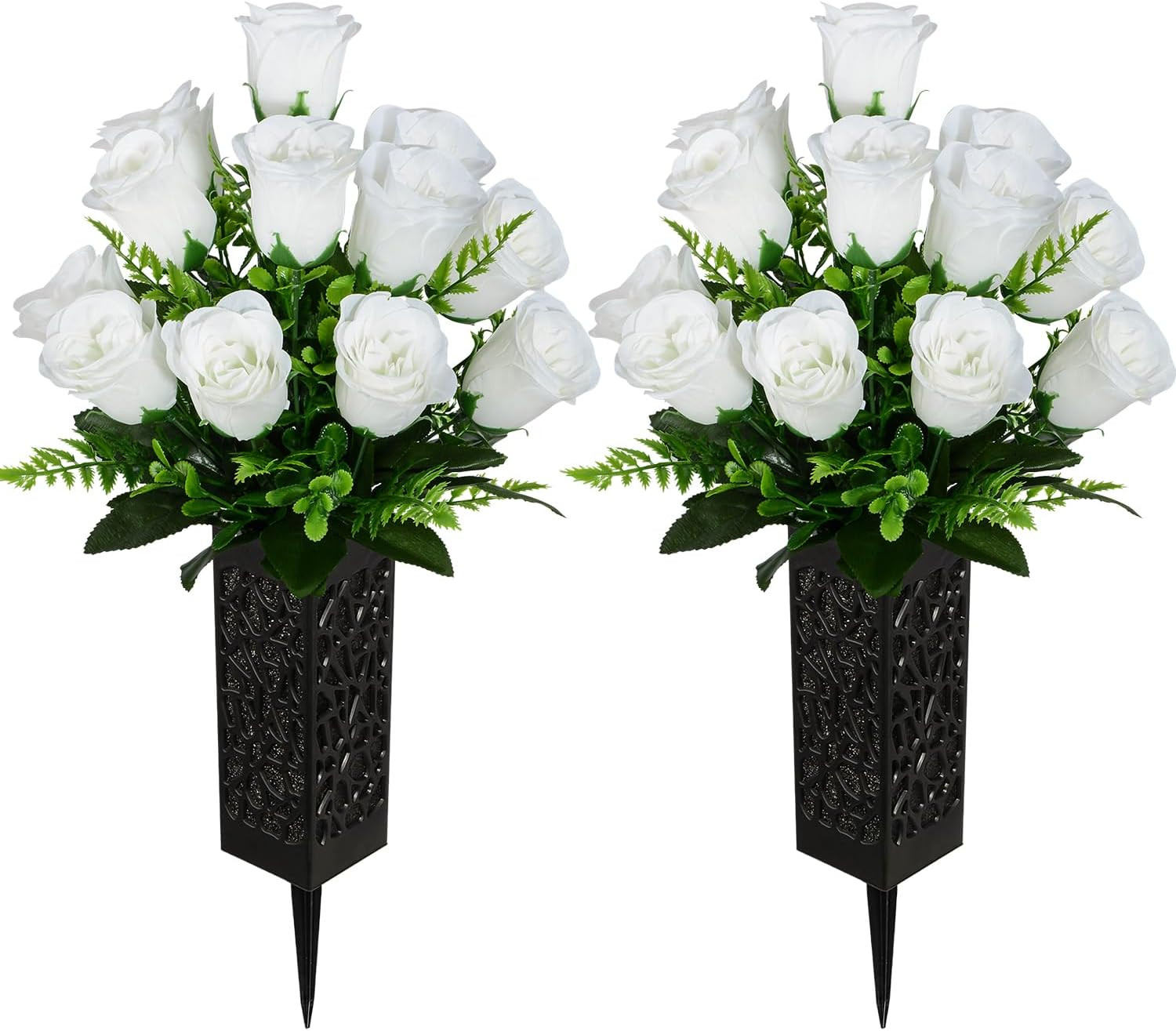 Artificial Cemetery Flowers, Grave Memorial Flowers, Set of 2 Artificial Rose Bo