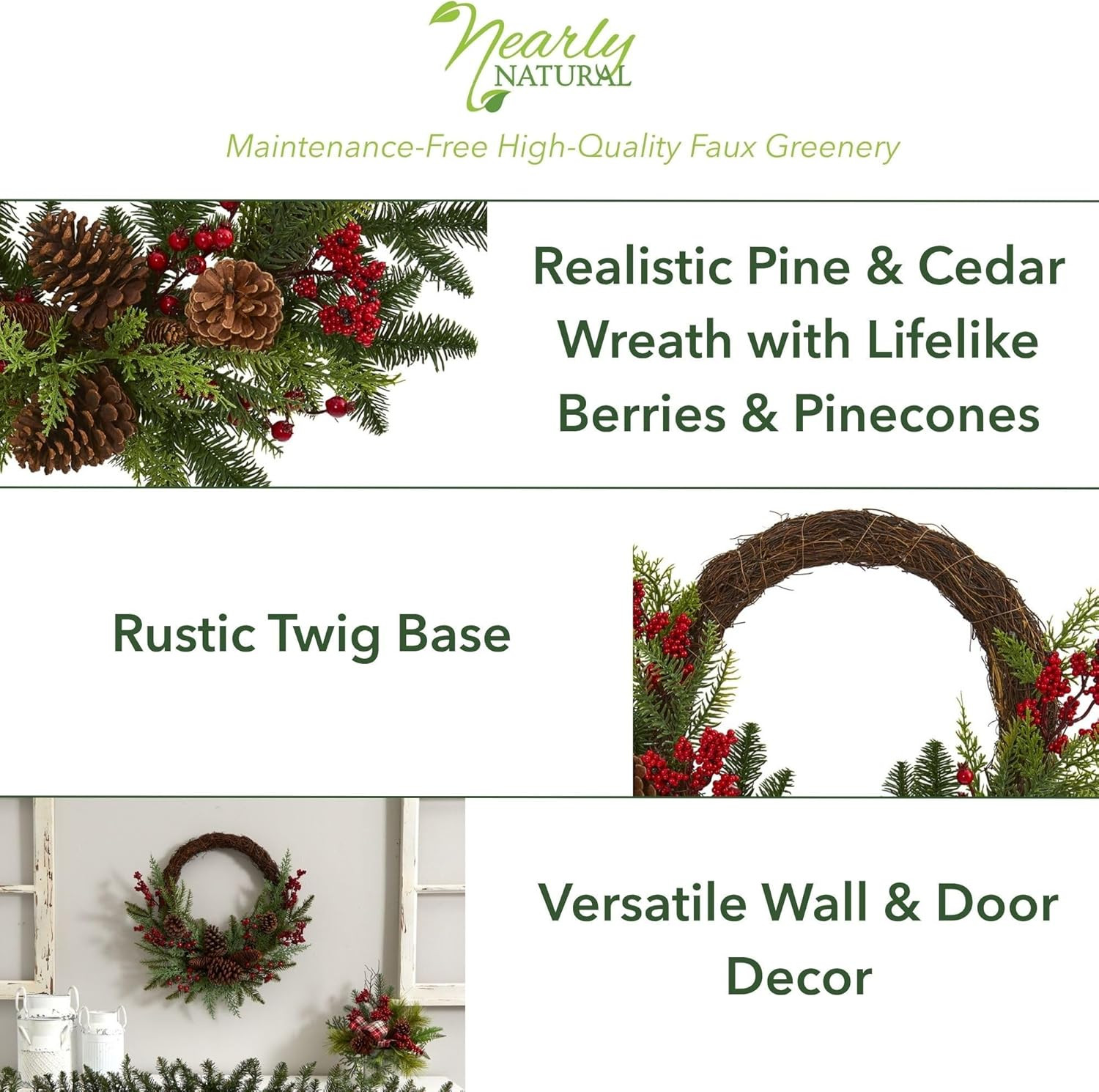 22In. Mixed Cedar with Berries and Pine Cones Artificial Wreaths, Green/Red , 3.