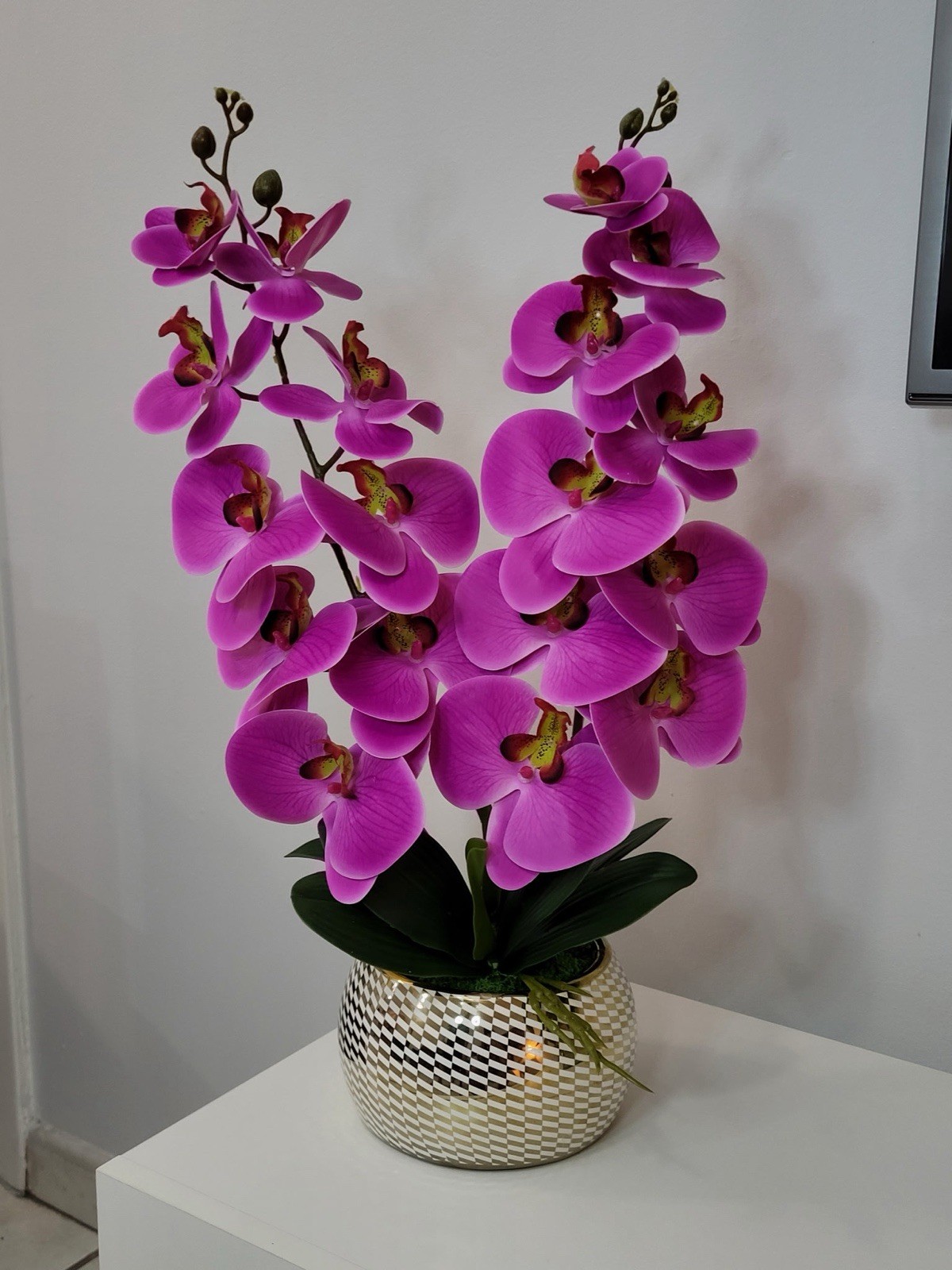 Artificial Purple Orchid Floral Arrangement in Textured Gold Pot Houseplant
