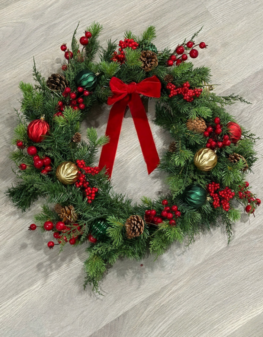 Handmade Christmas Wreath with Red Berries, Pinecones, Shatterproof Ornaments