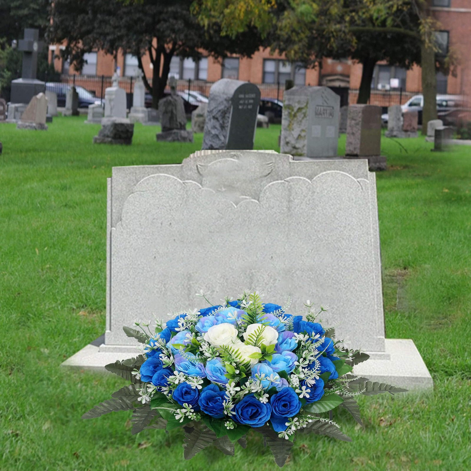 Artificial Cemetery Flowers Blue Silk Memorial Rose Headstone Grave Decor
