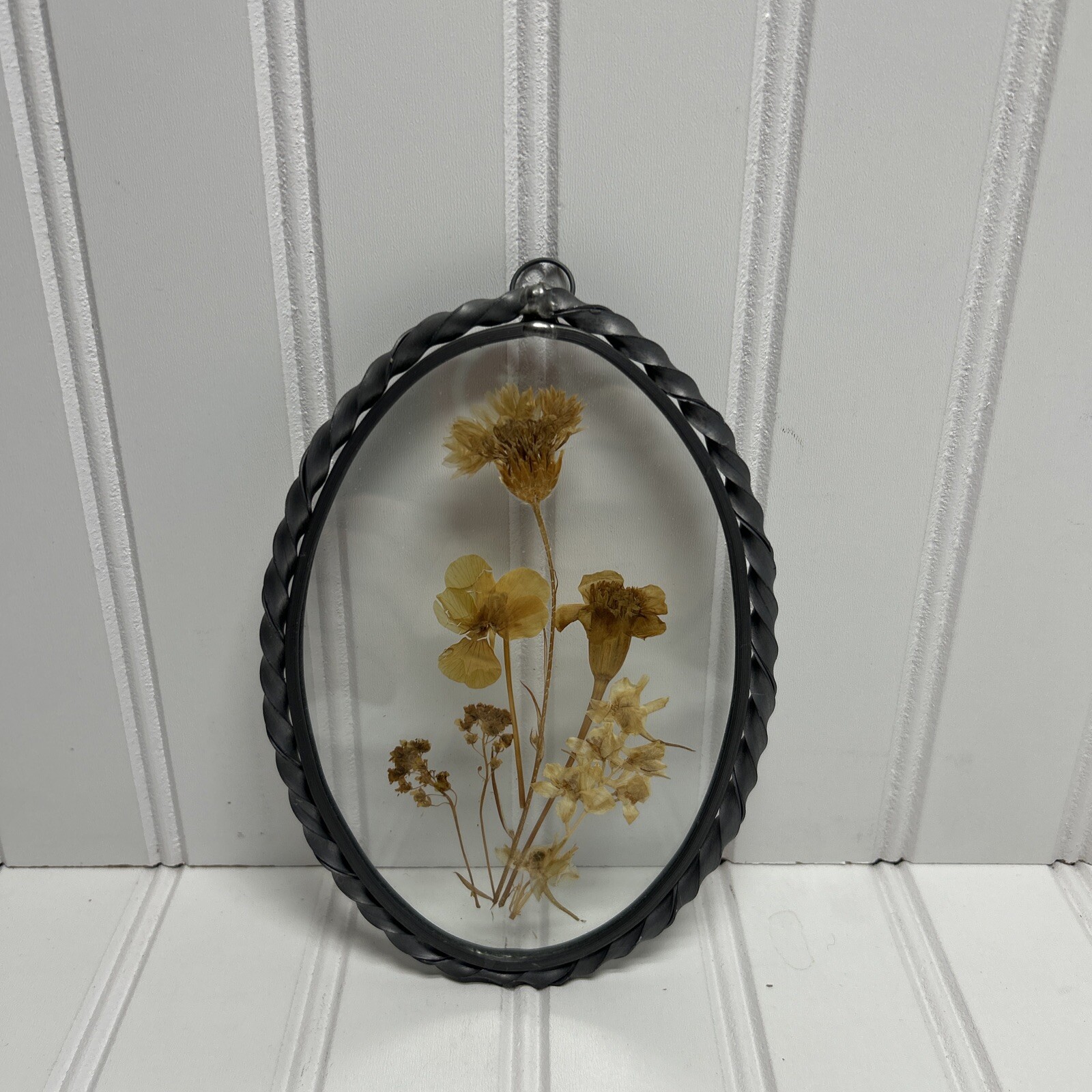 Vintage Lasting Impressions Real Dried Pressed Flowers In Glass W/ Metal Frame