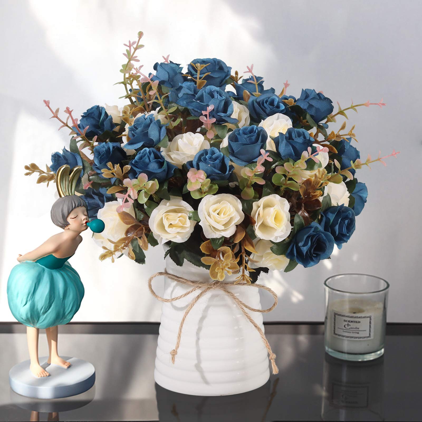 ARTIFICIAL ROSE Bouquets Ceramic Vases Fake Silk Roses Decor Navy Blue MOOMASS