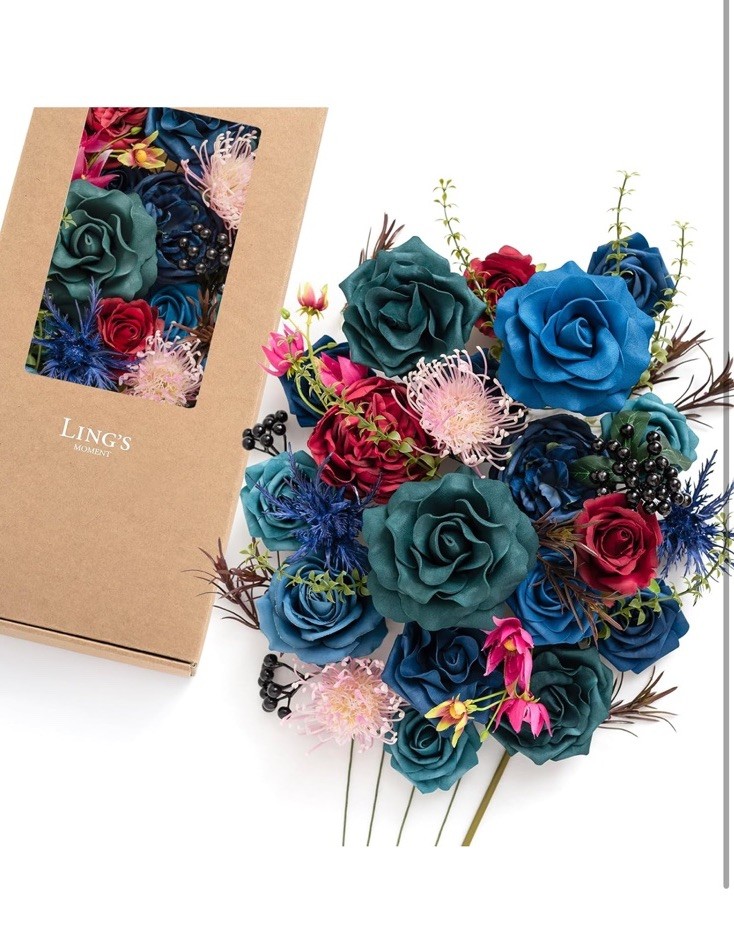 Ling’s Moment Fake Flowers Box, Foam Roses Artificial Fern Berry Faux Blue Navy
