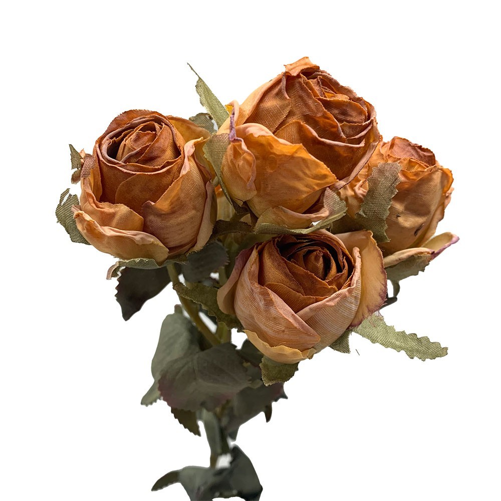 Dry Look Faux Silk Rustic Rose Flower and Leaf Stem 5 Heads 43cm/17in Orange