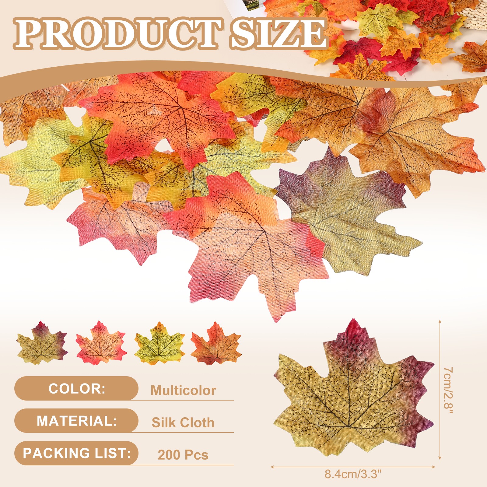200Pcs Fall Leaves 3.3 Inch Colored Mixed Fake Leaf, Red and Green Series