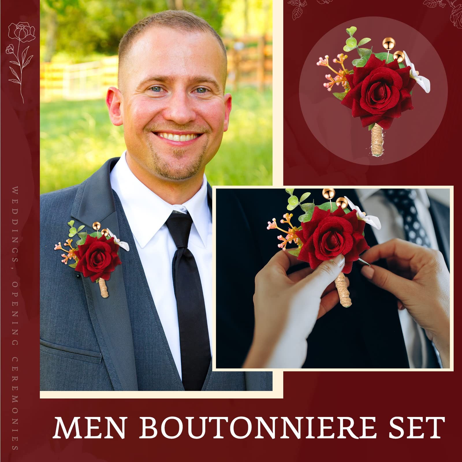 12 Pcs Red Rose Burgundy Boutonniere, Fall Wedding, Corsage Set, Pin, Groom