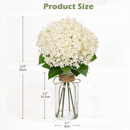 Artificial Hydrangea Flowers in Glass Vase with Faux Water, 13.8″ Fake White