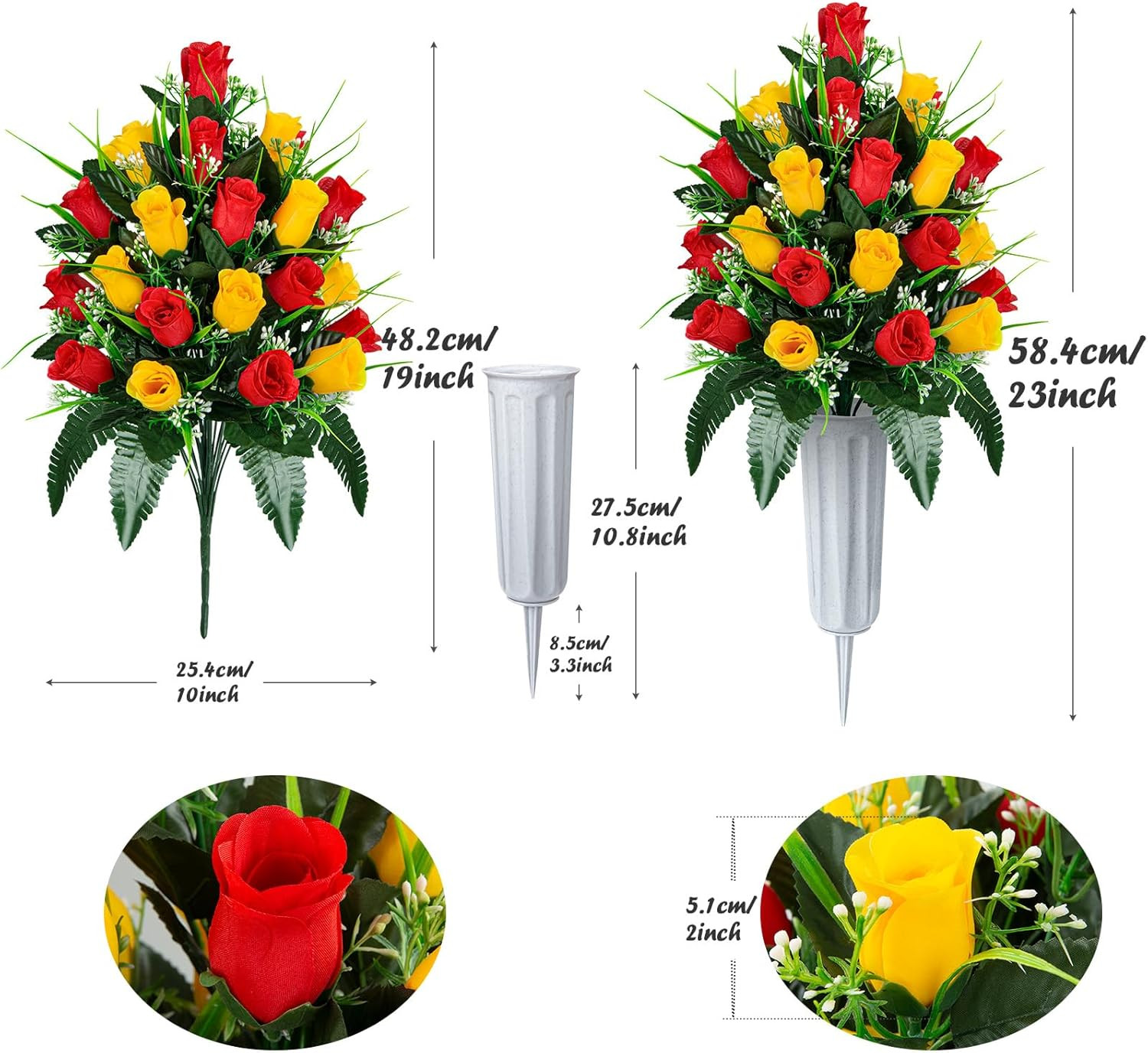Artificial Cemetery Flowers – Set of 2 Grave Memorial Rose Flowers with Vase for