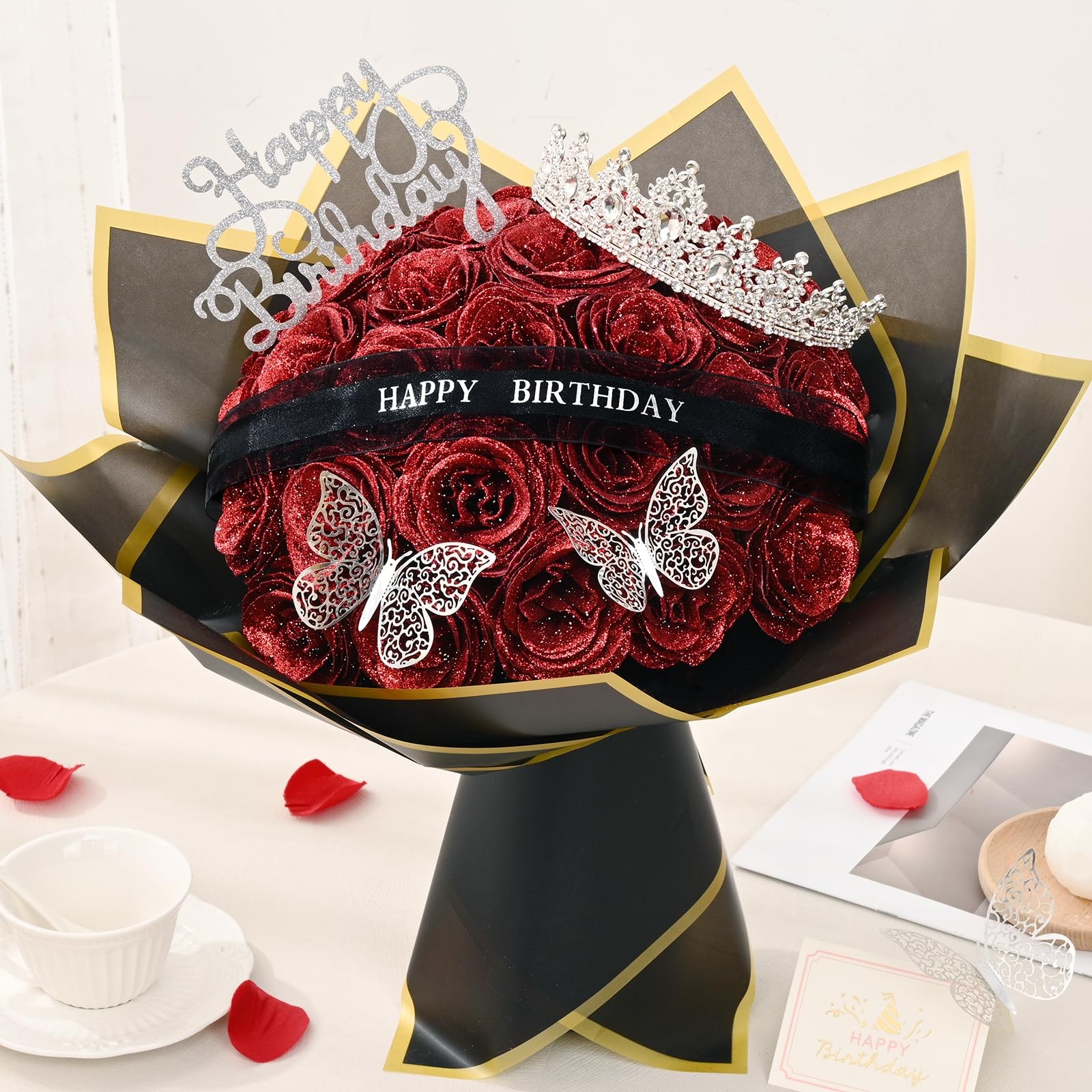 36 PCS Red Glitter Roses Bouquet DIY Fake Flowers Birthday Stand-Up Signs