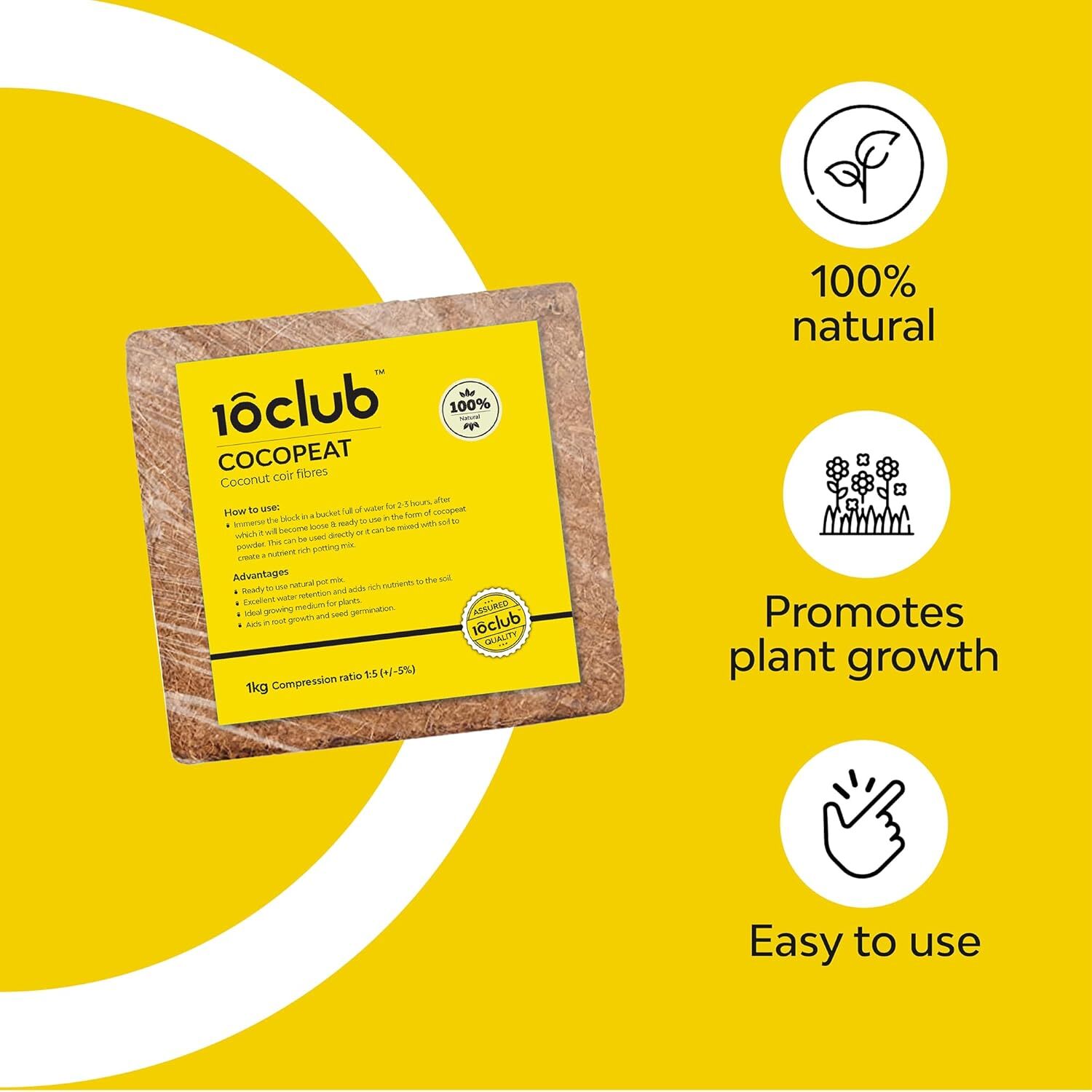 10CLUB Cocopeat for plants 1kg Block 100% Natural for Indoor & Outdoor Plants