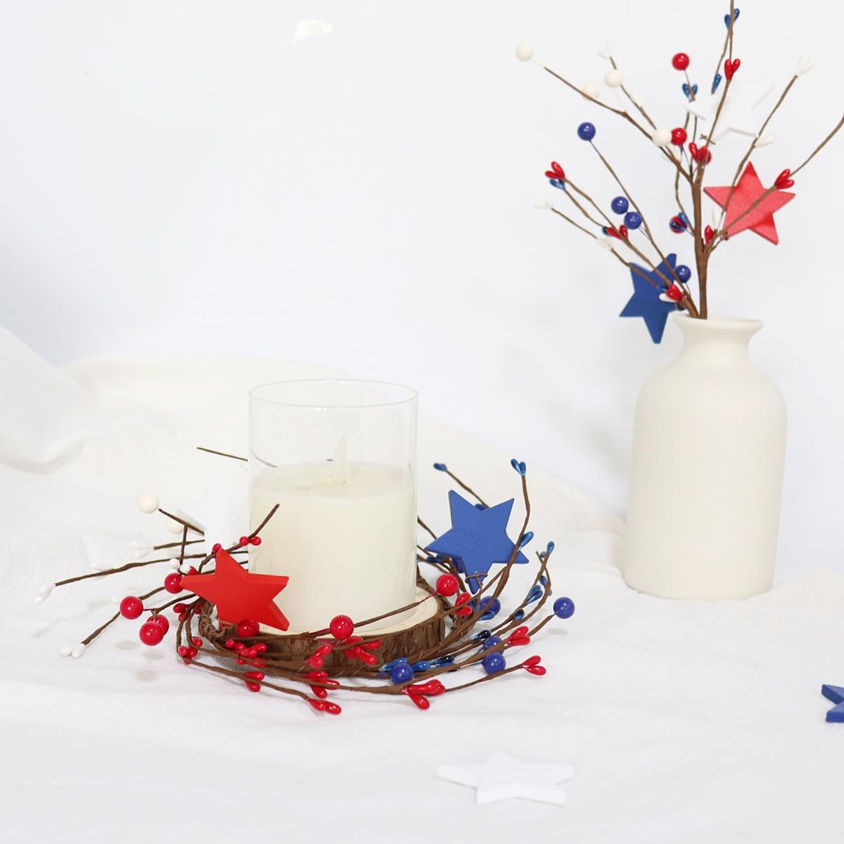 4Pcs Red White Blue Star Pip Berry Candle Ring Wreath 4 Inch Center Patriotic
