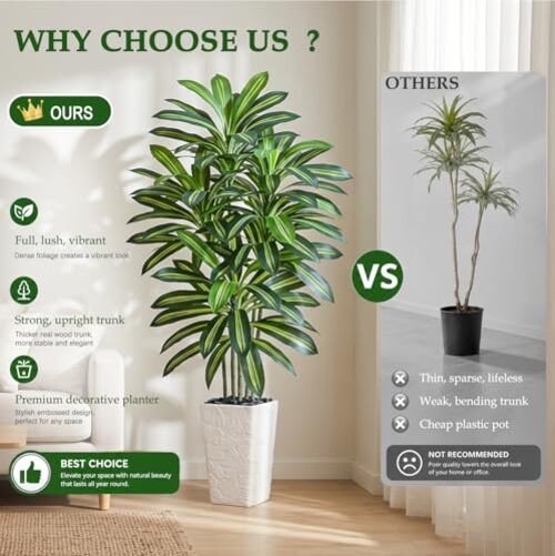 Artificial Dracaena Tree – Fake Tree with White Tall 5FT 1 Green-white Pot