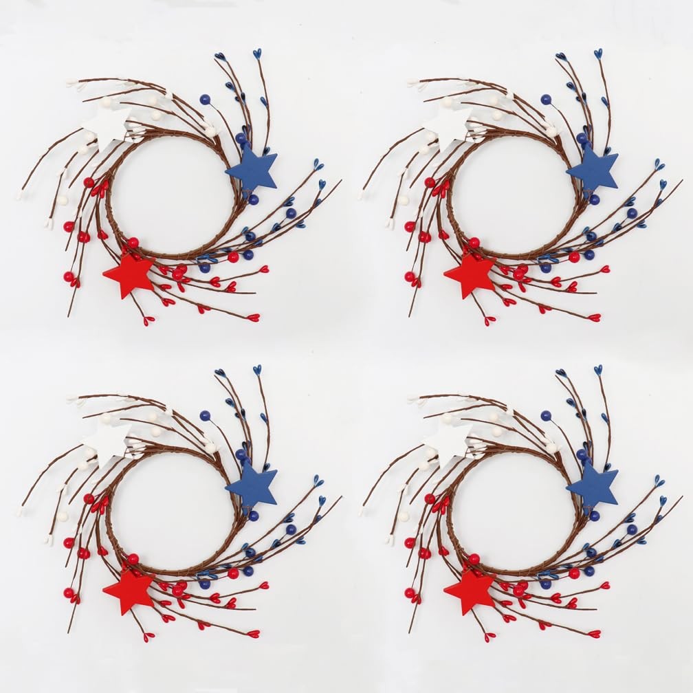 4Pcs Red White Blue Star Pip Berry Candle Ring Wreath 4 Inch Center Patriotic