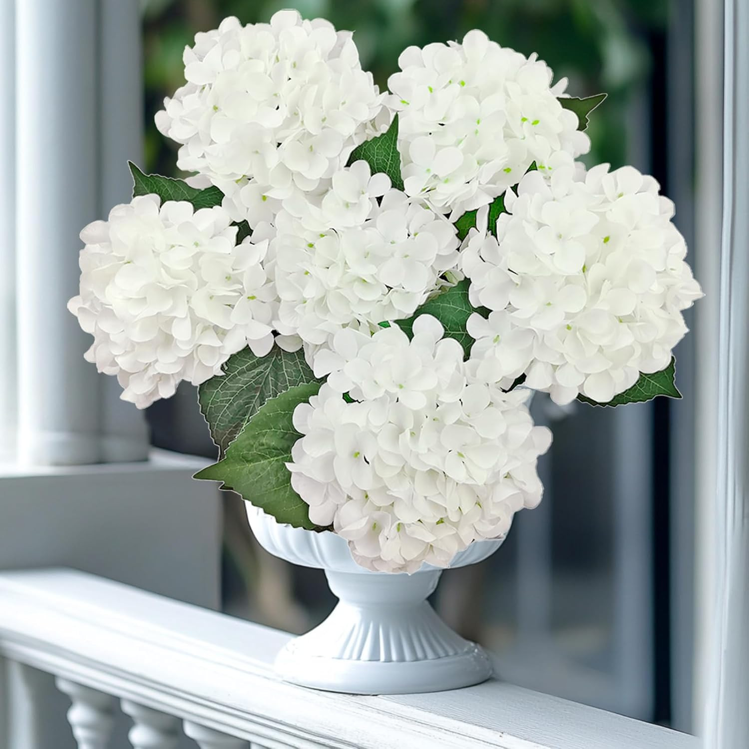 6PCS White Hydrangea Artificial Flowers, Bulk Silk Fake Flower with Stems, Faux