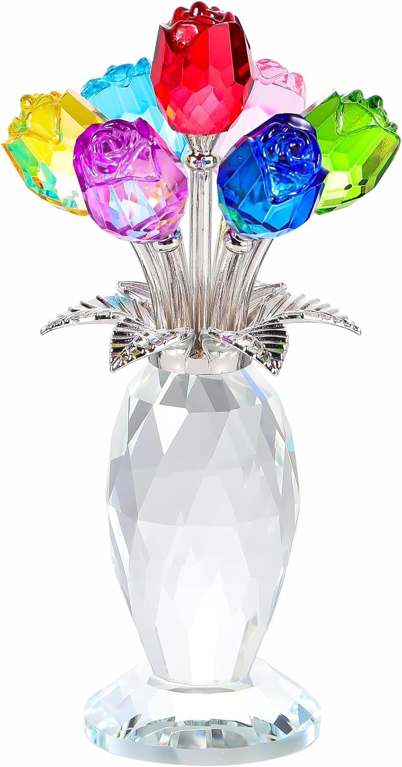Crystal Colorful Rose Flower Bouquet Figurine with Vase, Handmade Romantic Glass