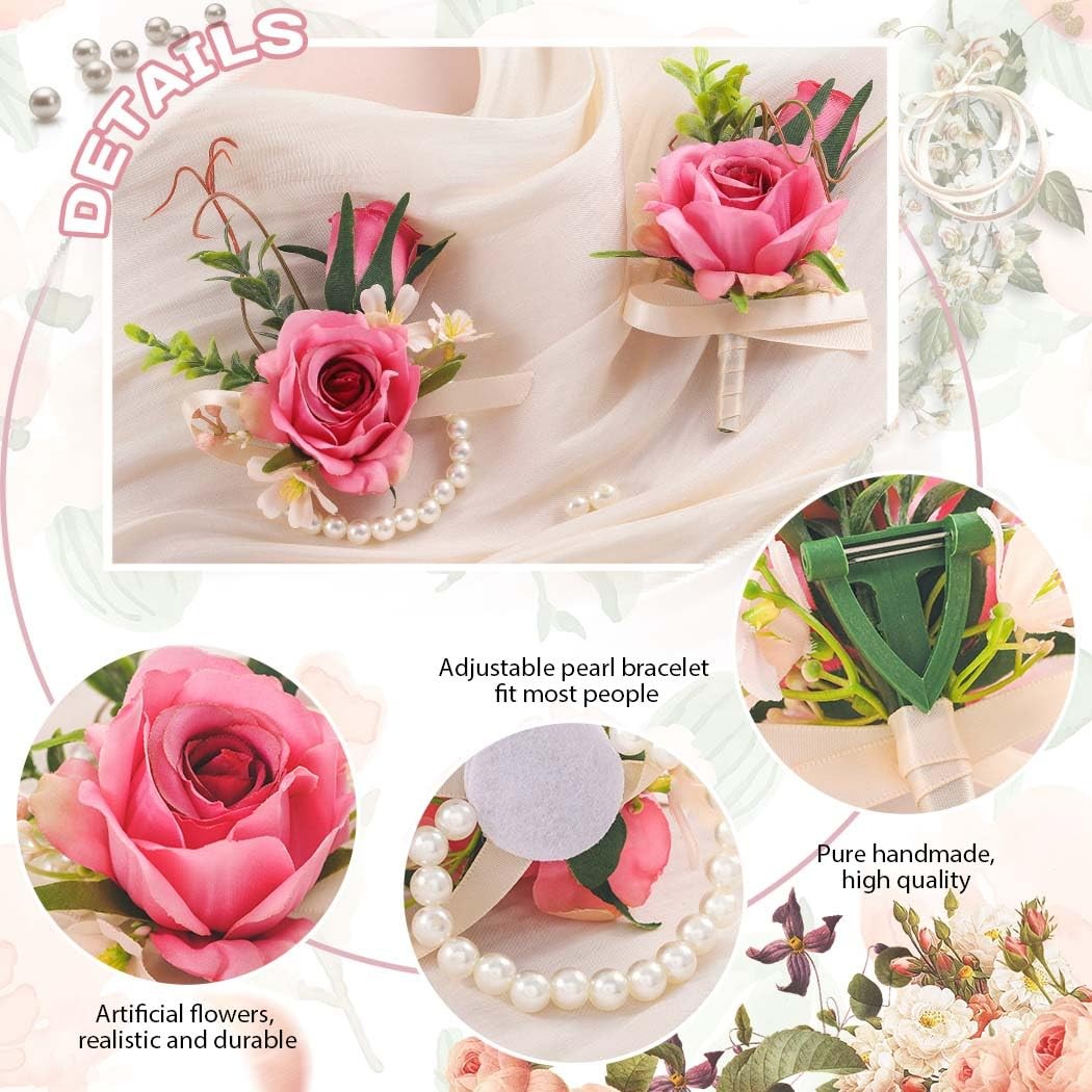 Pink Rose Corsage Boutonniere Set Groomsmen Buttonholes Wrist Decoration