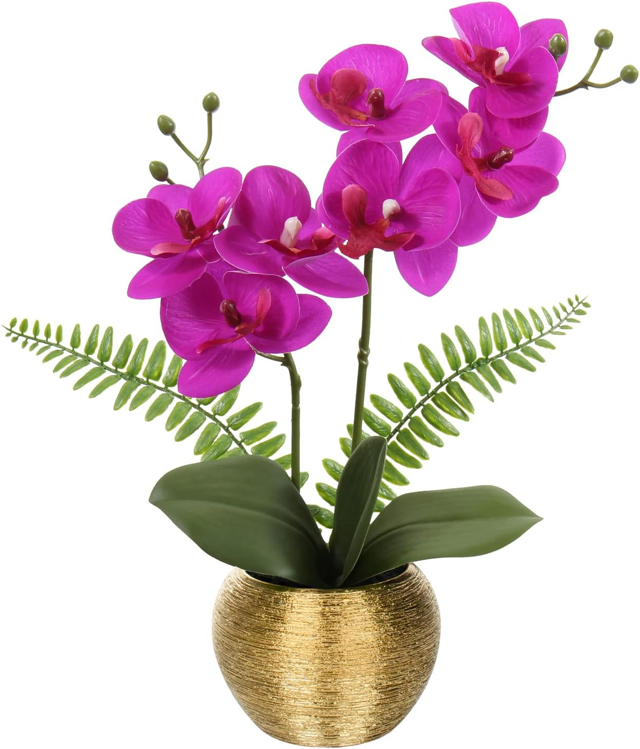 Artificial Orchid Flowers in Gold Ceramic Pot, 13″ Small White Faux Phalaenopsis