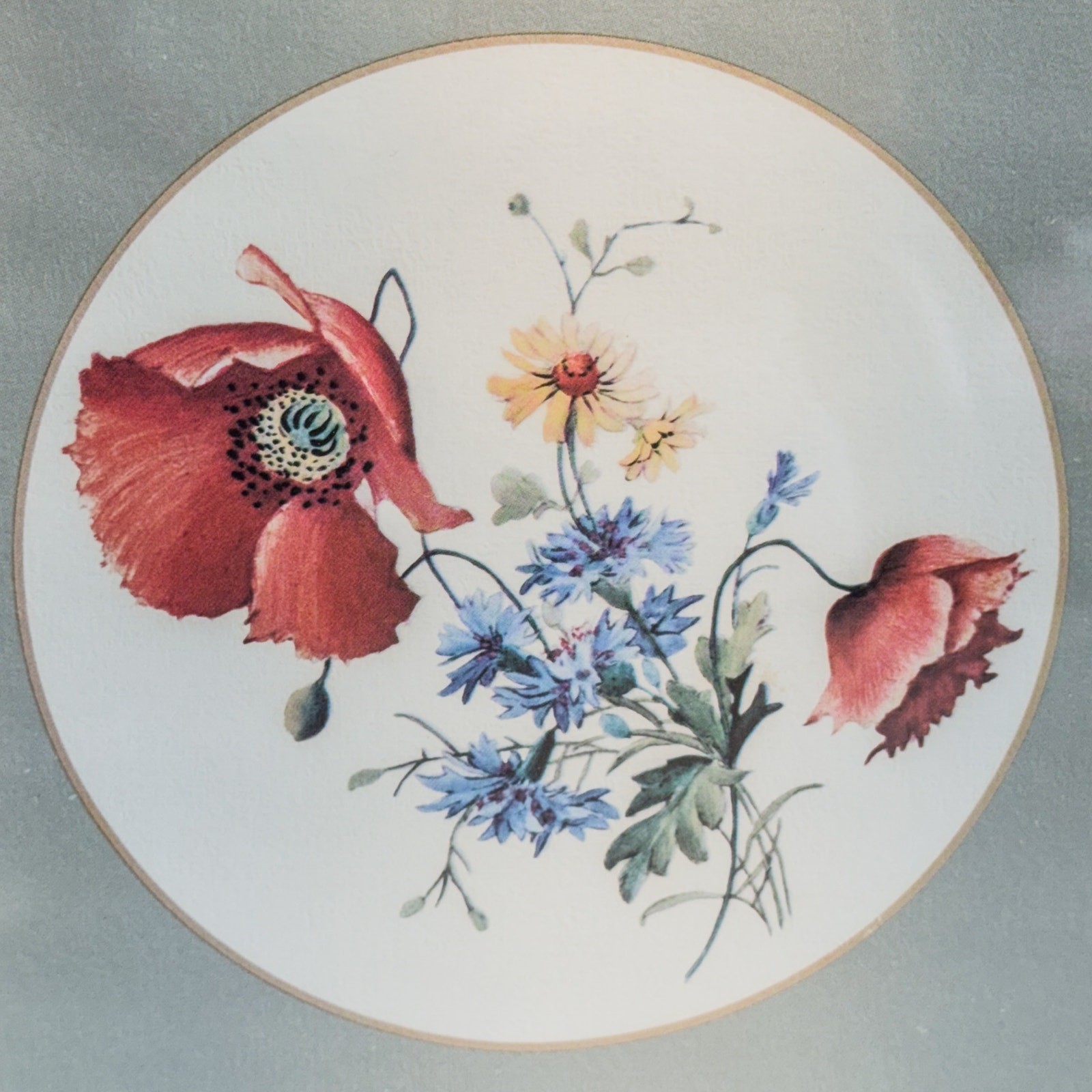 Vintage Wooden Framed Botanical Red Poppy & Wildflower Print w/ Matte, 9.5″