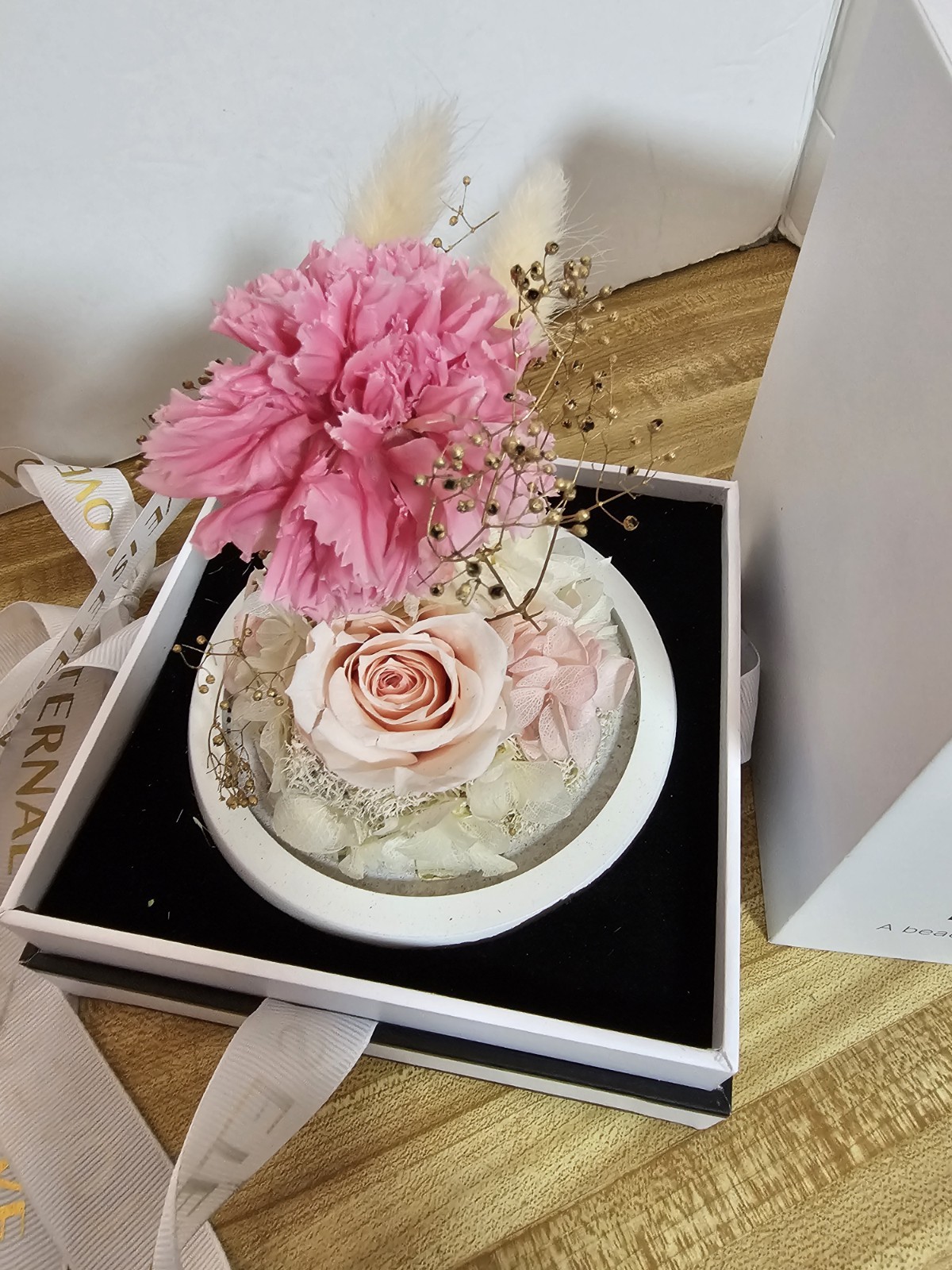 LOVAPPY Preserved Rose Carnation Glass Dome Eternal Flower Gift Box Pink Flawles