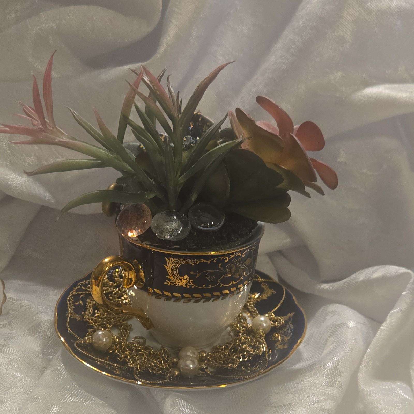 Artificial Succulent Floral Arrangement Ceramic Teacup & Saucer, Beads Chain