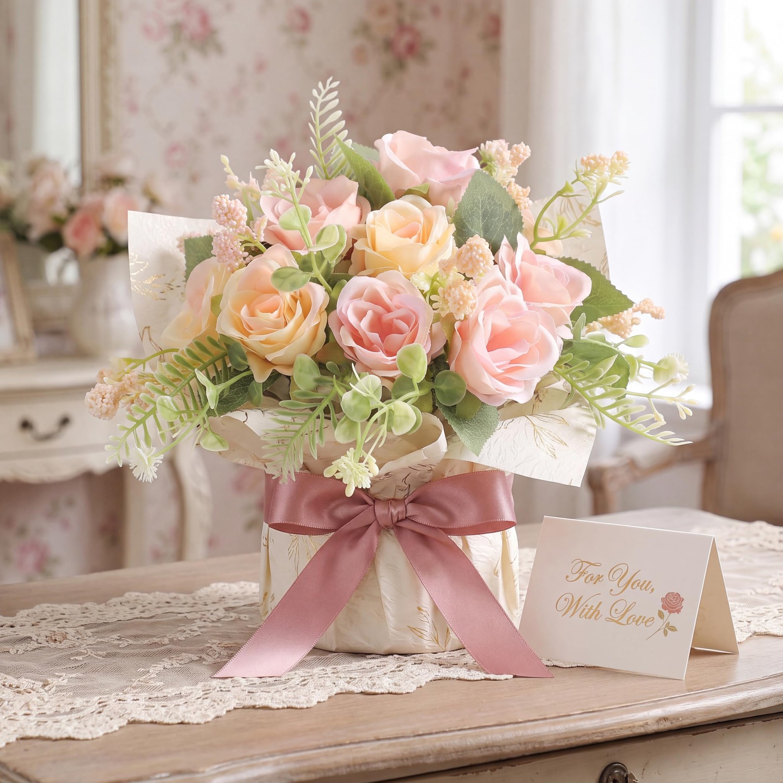 Artificial Rose Flower Plants with Small Ceramic Vase Fake Silk Variety Flowe…