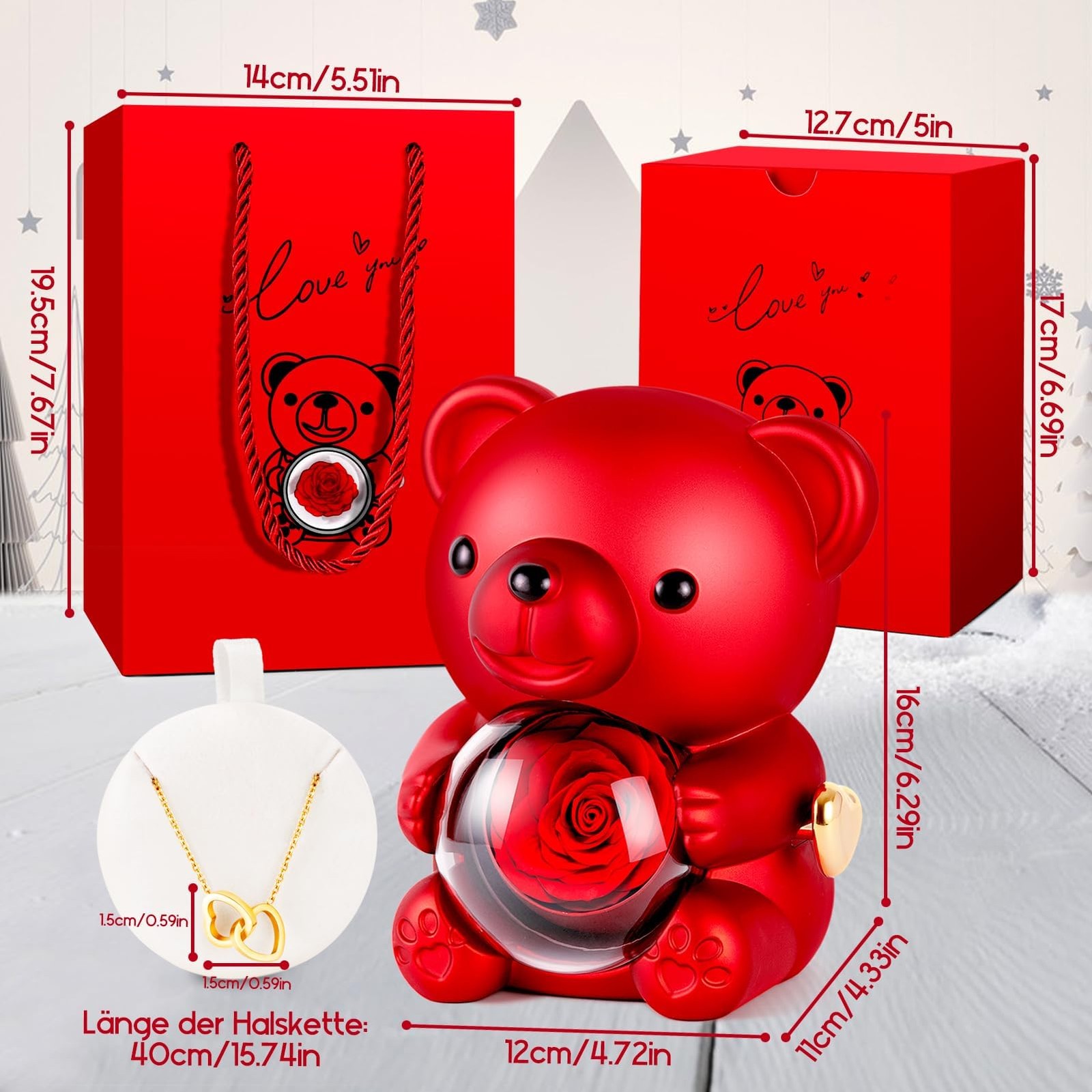 Cute Teddy Bear with Preserved Rose, Double-Heart Necklace, Musical – Serves …
