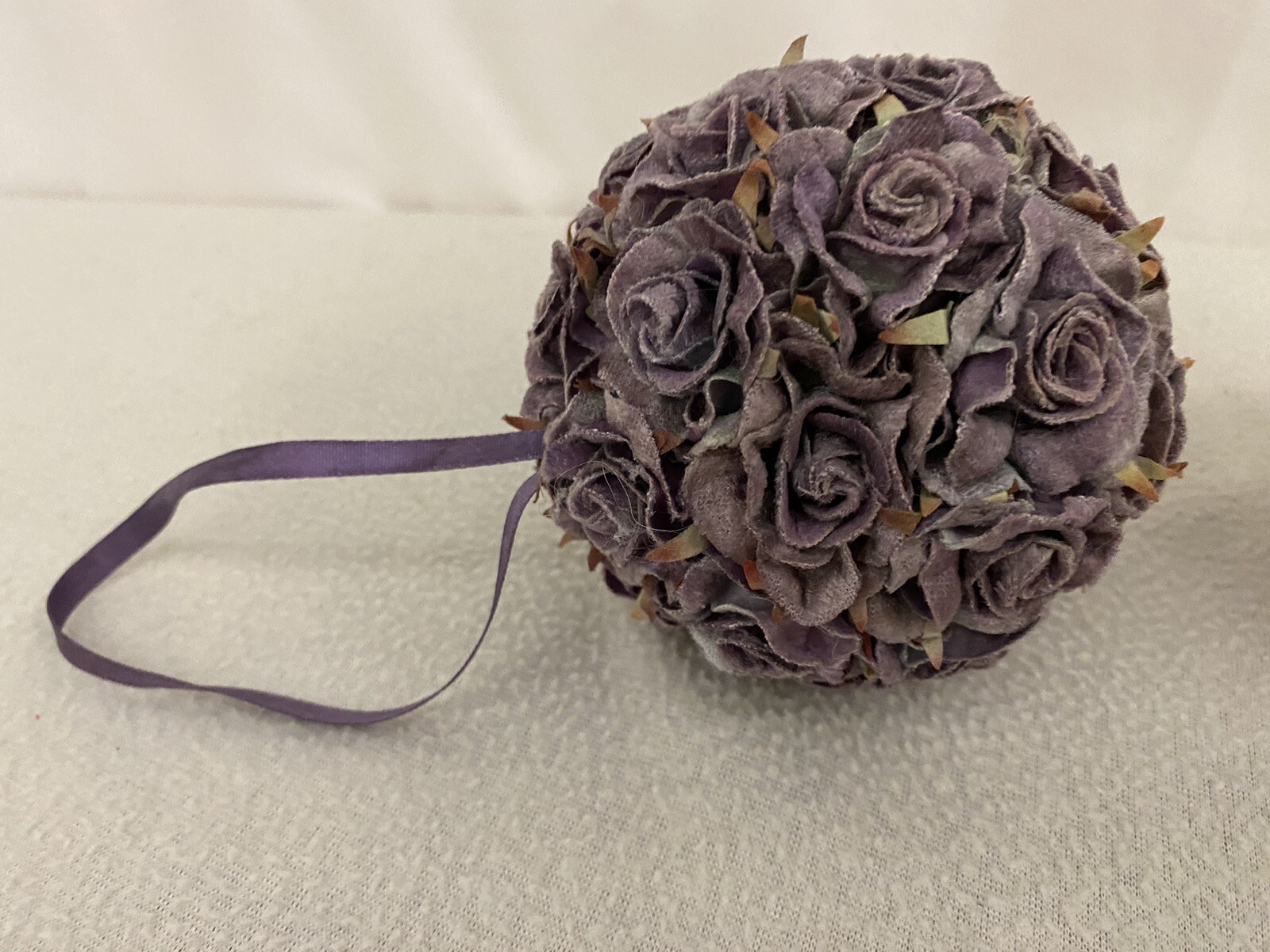 3 Purple Roses Balls w Ribbon hangers approx. 4.5″ diameter Velvet roses MINT