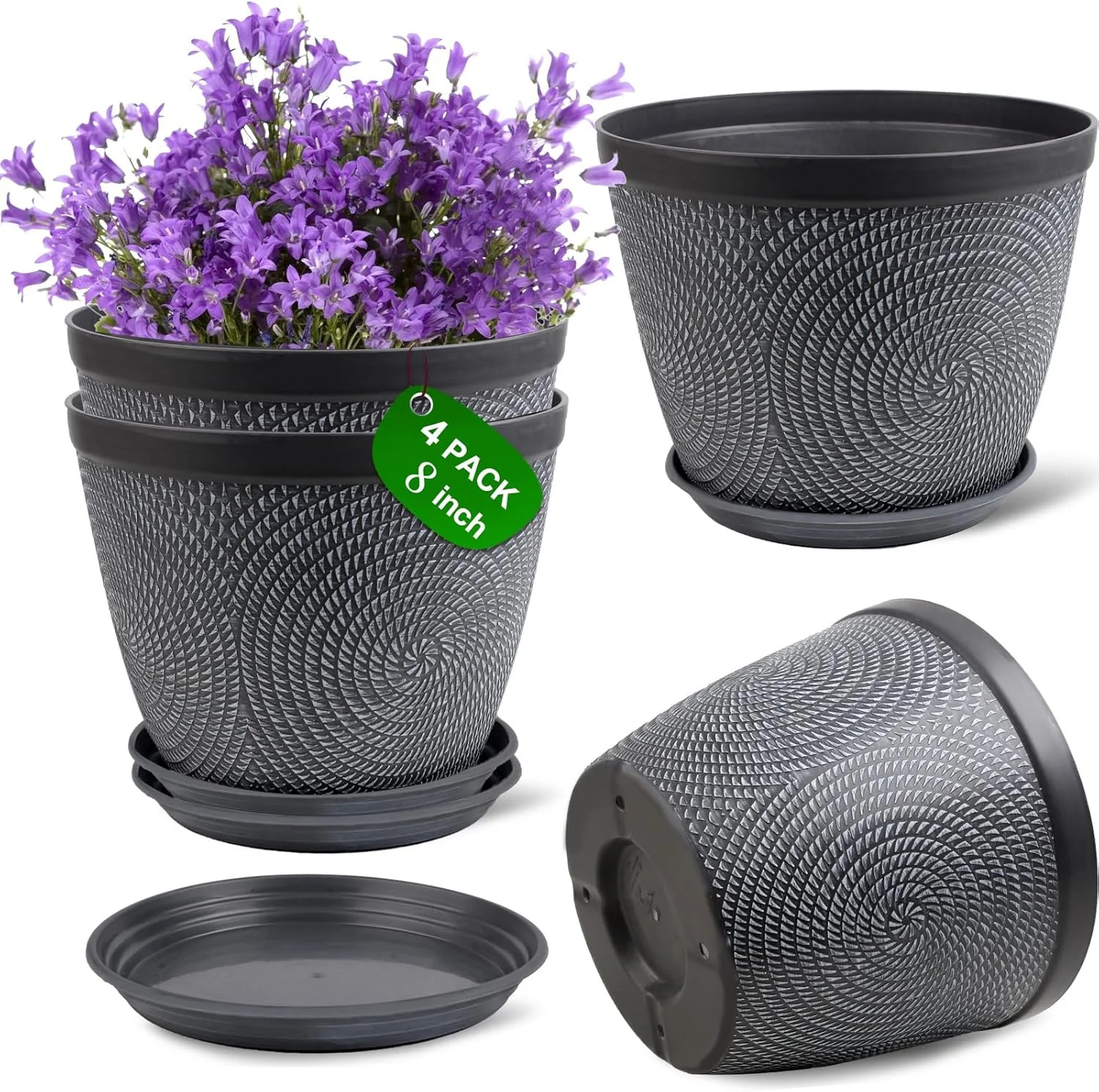 Quarut 4 Pack 8 Inch Flower Pots Planters for Outdoor Indoor, Plastic Plant Pots